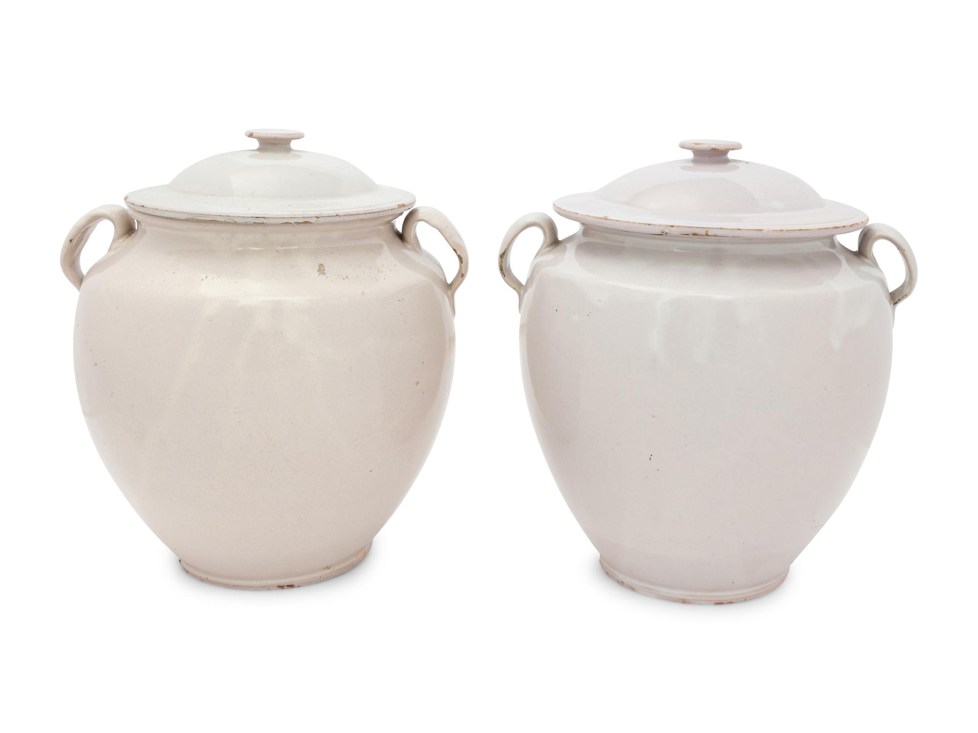 A Pair of French White-Glazed Pottery Confit Jars