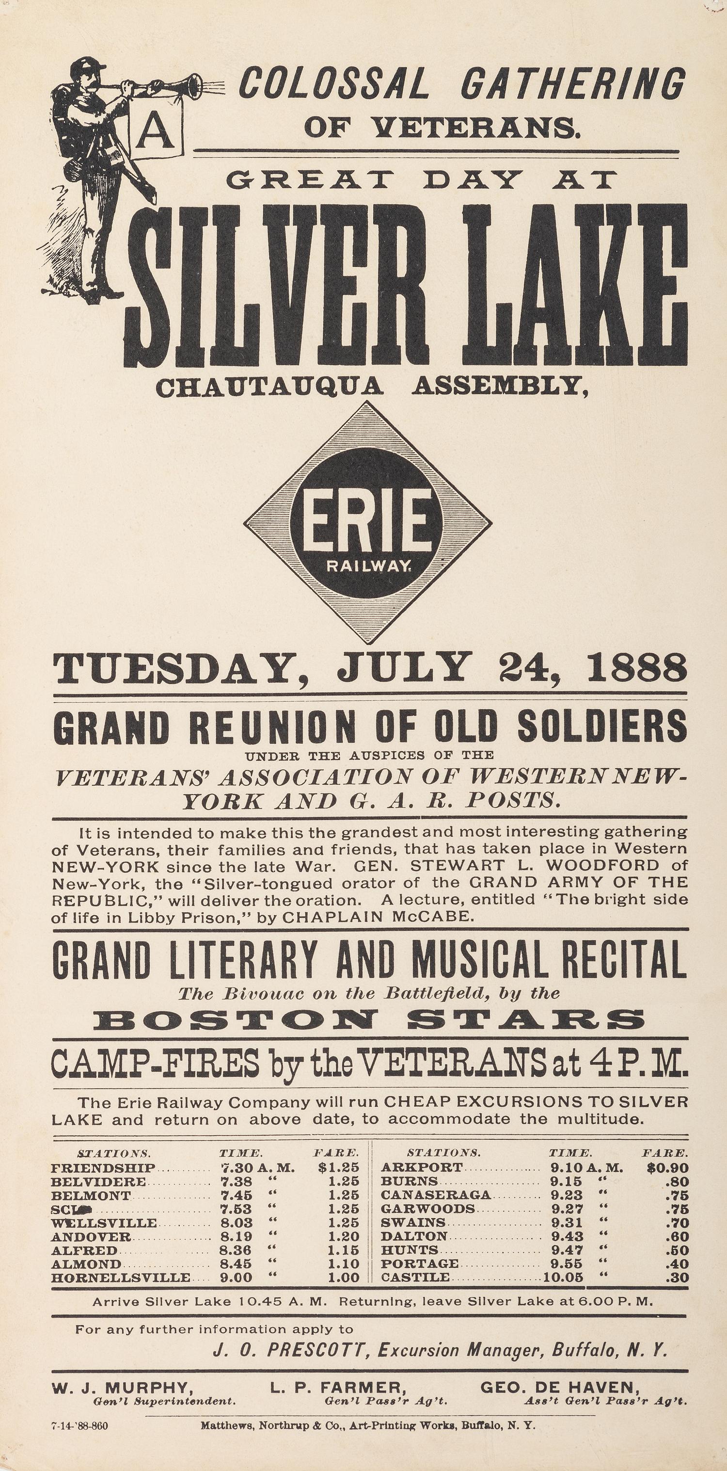 [TRANSPORTATION] -- [CIVIL WAR]. A group of 4 broadsides involving travel by toll road and railroad, highlighted by: A Colossal Gathering of Veterans. Great Day at Silver Lake Chautauqua Assembly.