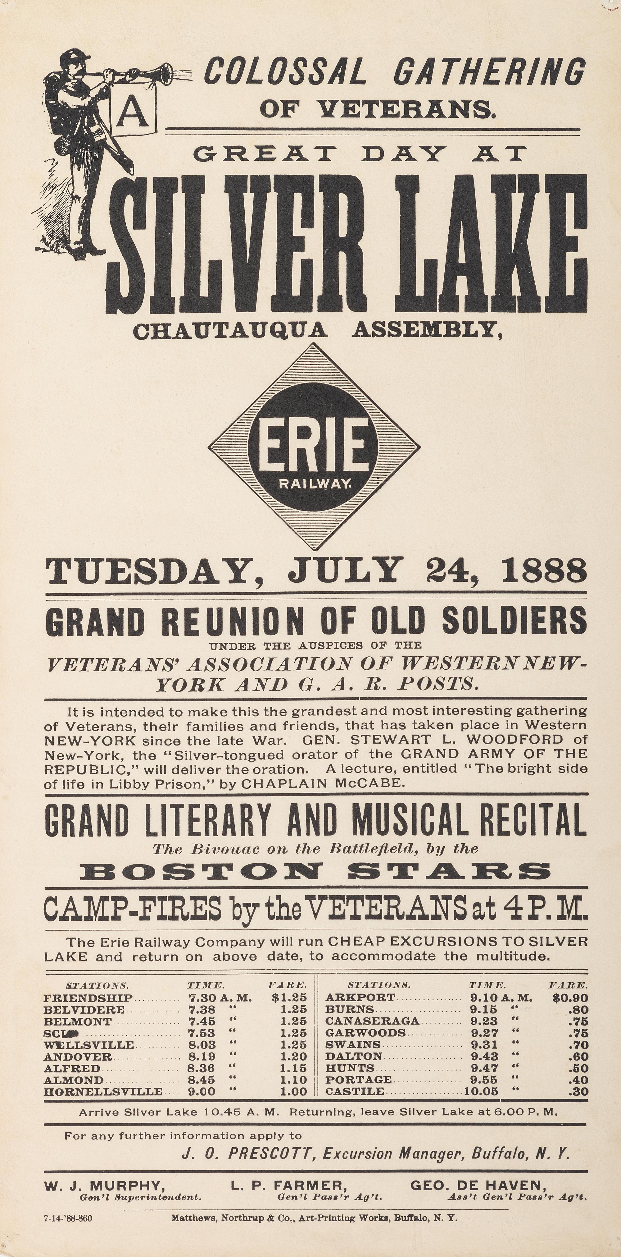 [TRANSPORTATION] -- [CIVIL WAR]. A group of 4 broadsides involving travel by toll road and railroad, highlighted by: A Colossal Gathering of Veterans. Great Day at Silver Lake Chautauqua Assembly.
