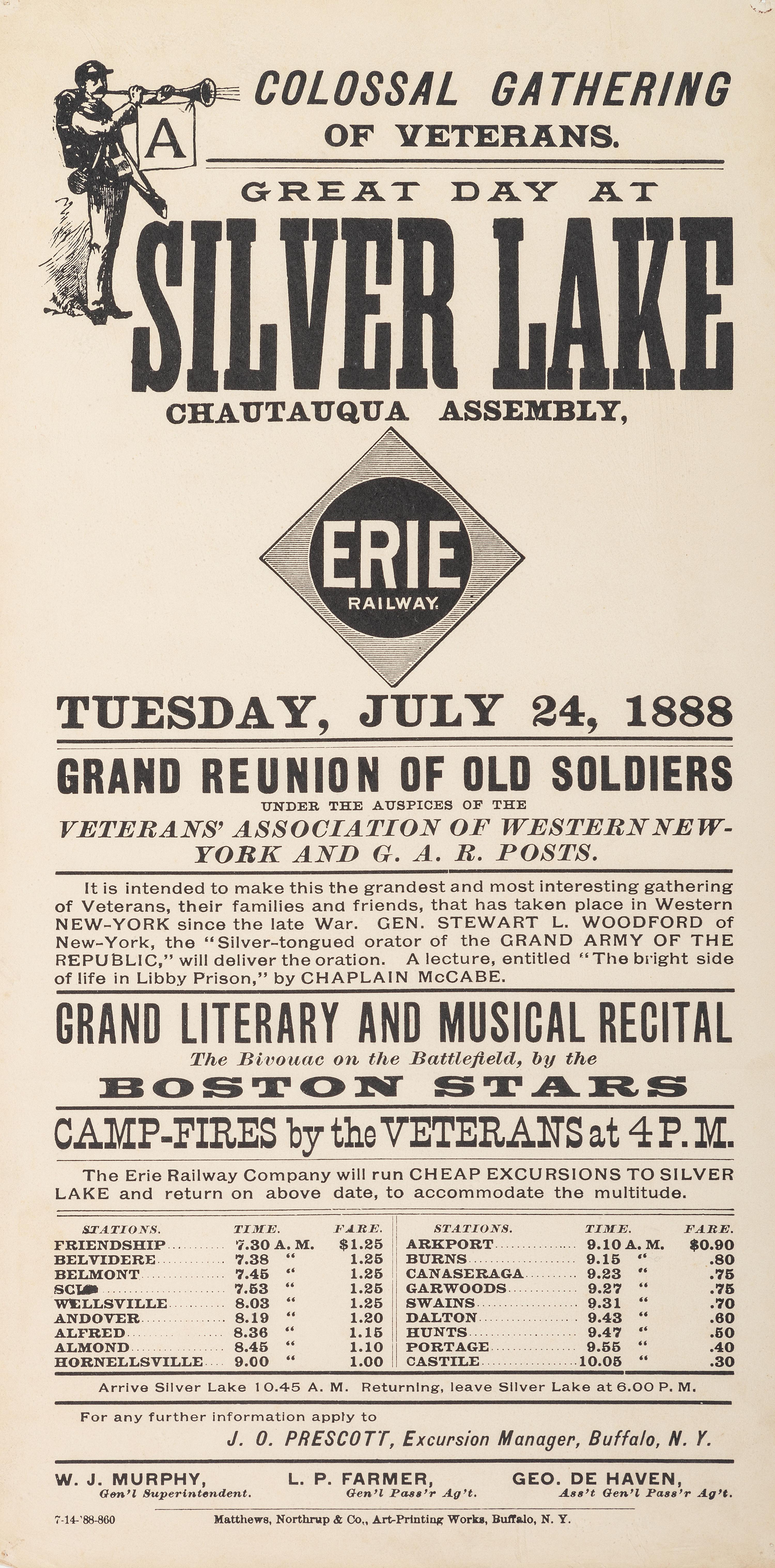 [TRANSPORTATION] -- [CIVIL WAR]. A group of 4 broadsides involving travel by toll road and railroad, highlighted by: A Colossal Gathering of Veterans. Great Day at Silver Lake Chautauqua Assembly.
