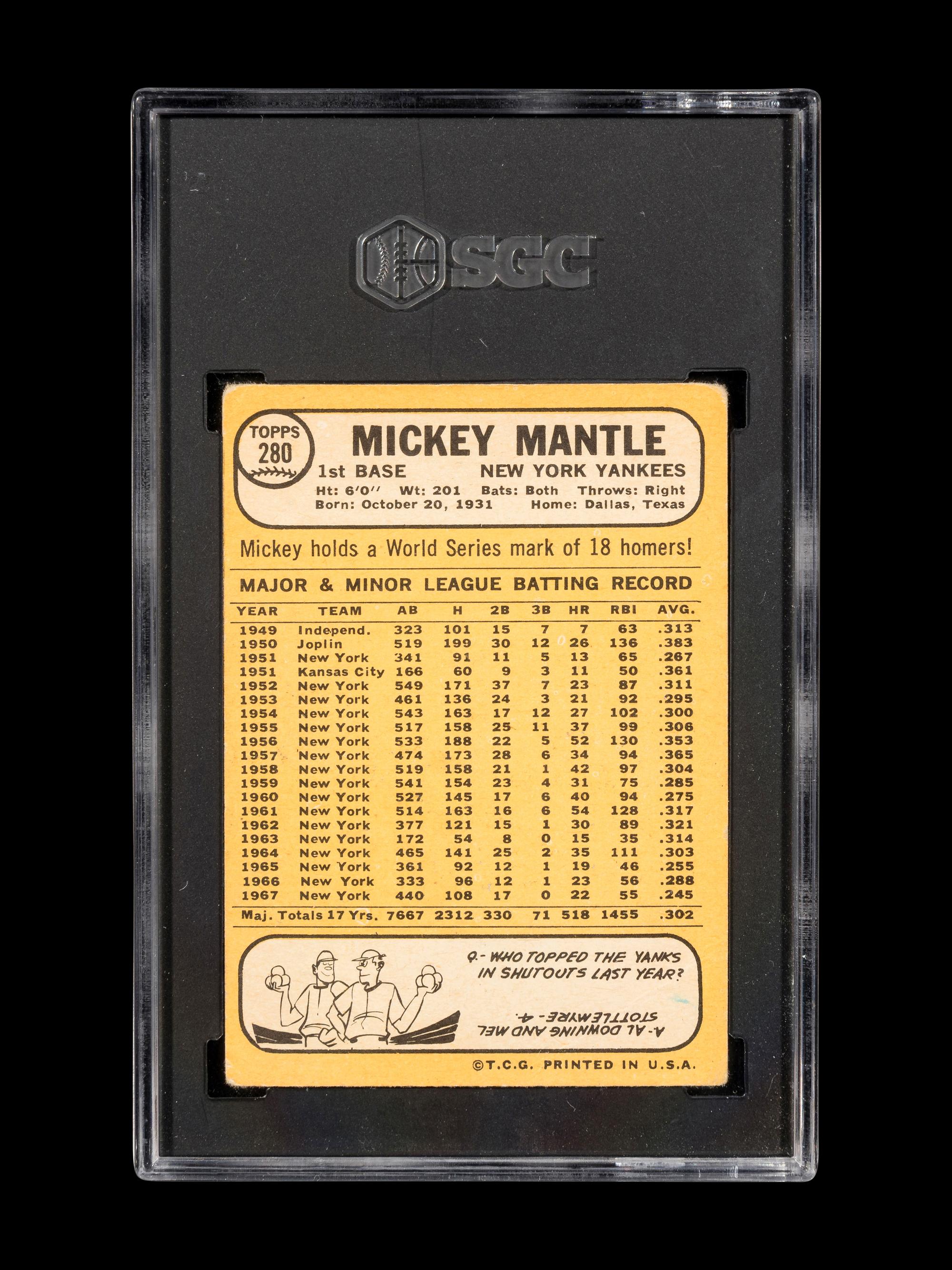 A 1968 Topps Mickey Mantle Baseball Card No. 280 (SGC 2 GOOD)