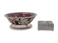 Two Chinese Hardstone Inset Pewter Articles