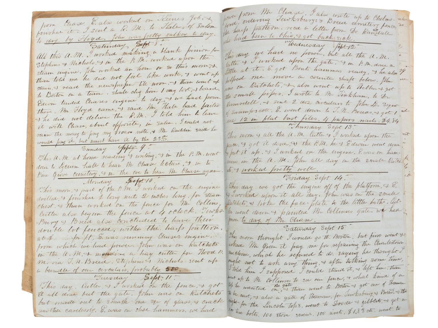 America in Manuscript Diaries of machinist Nathaniel S. Raymond (1811-1860), containing detailed descriptions of skilled labor and ongoing business transactions. Lynn, Essex County, Massachusetts, 1855 and 1859.