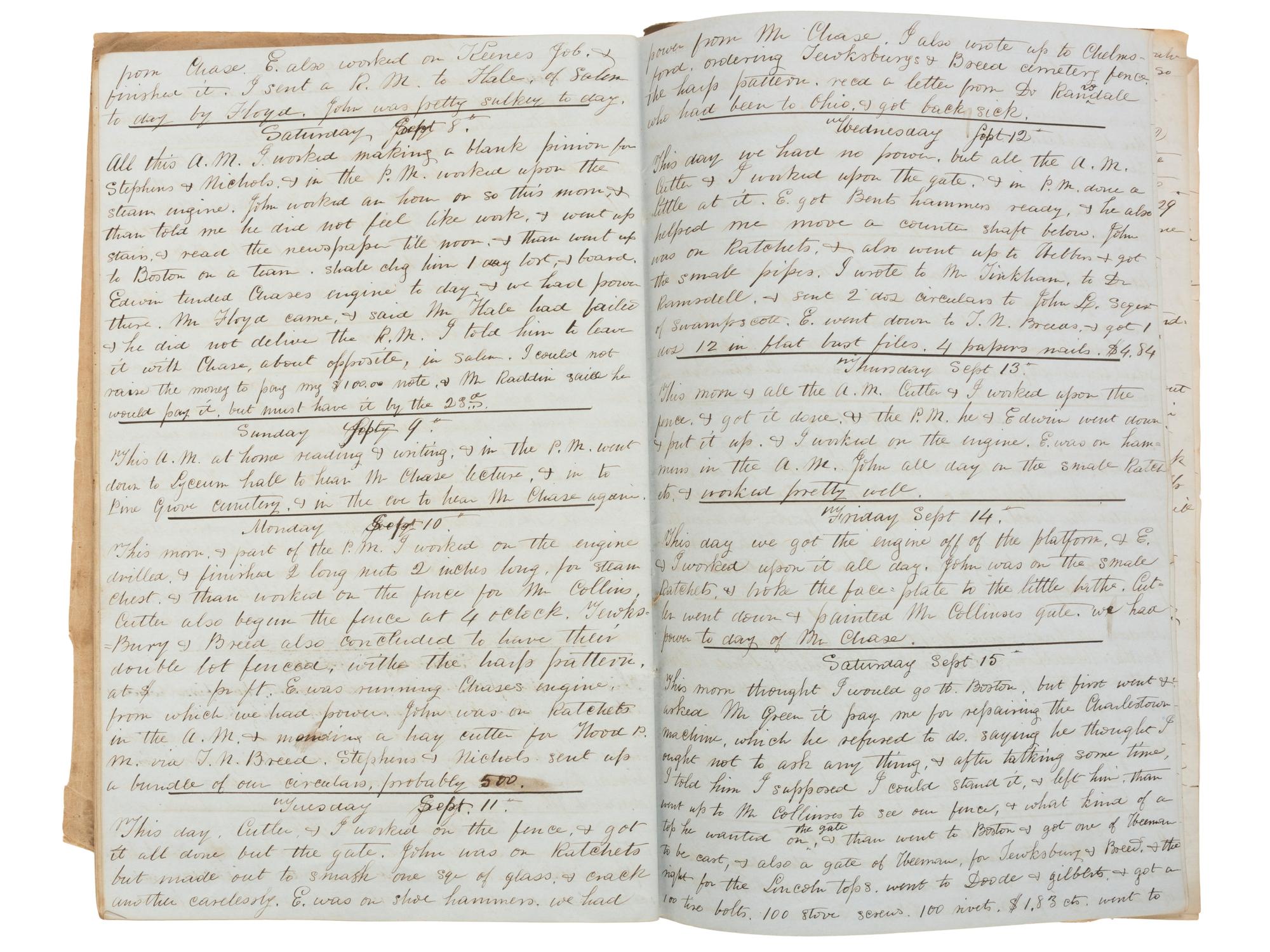 America in Manuscript Diaries of machinist Nathaniel S. Raymond (1811-1860), containing detailed descriptions of skilled labor and ongoing business transactions. Lynn, Essex County, Massachusetts, 1855 and 1859.