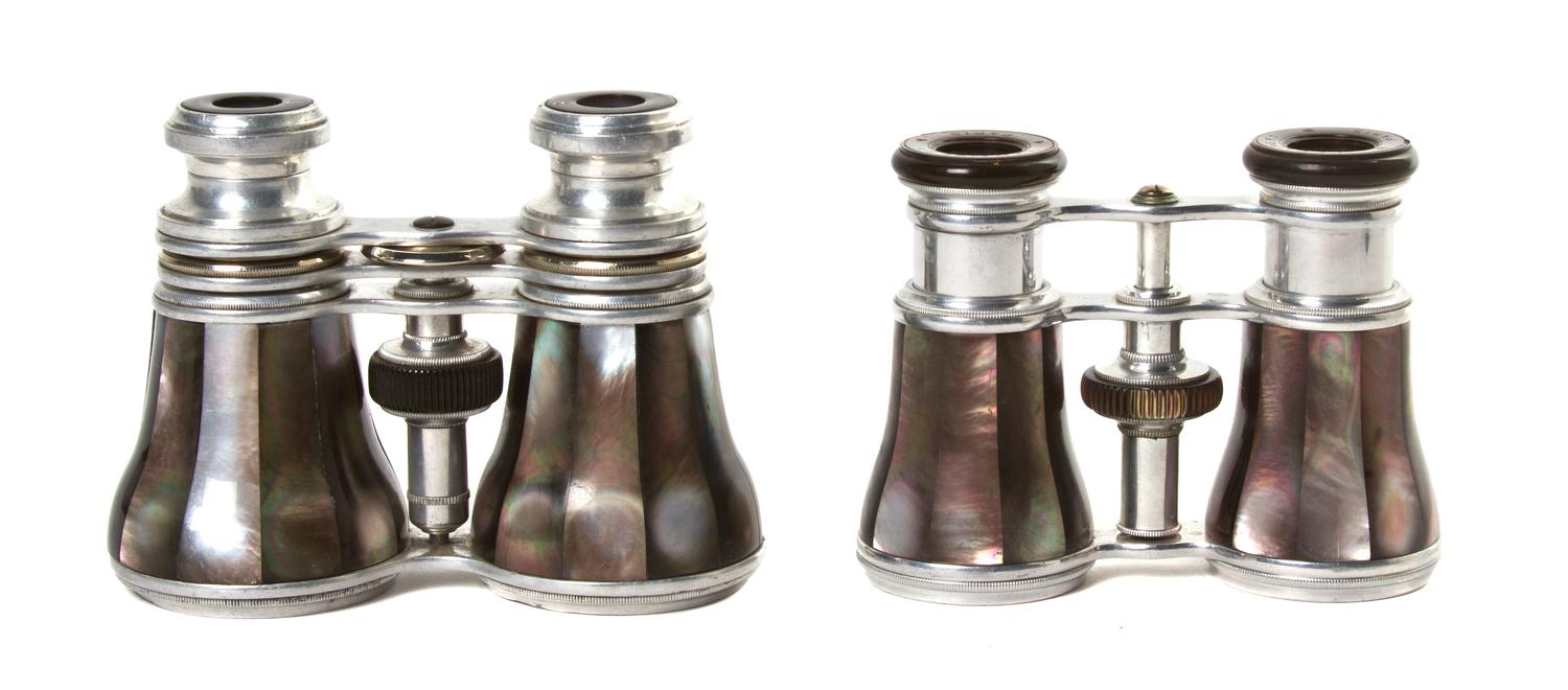 Two Pairs of French Mother-of-Pearl Veneered Opera Glasses, Width of wider 4 1/2 inches.