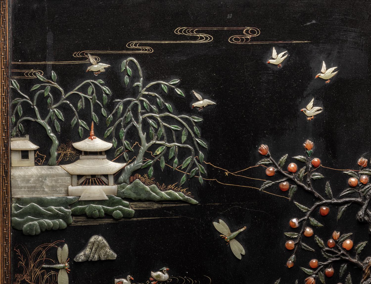 A Pair of Chinese Black Lacquered Hardstone Inset Rectangular Wall Panels