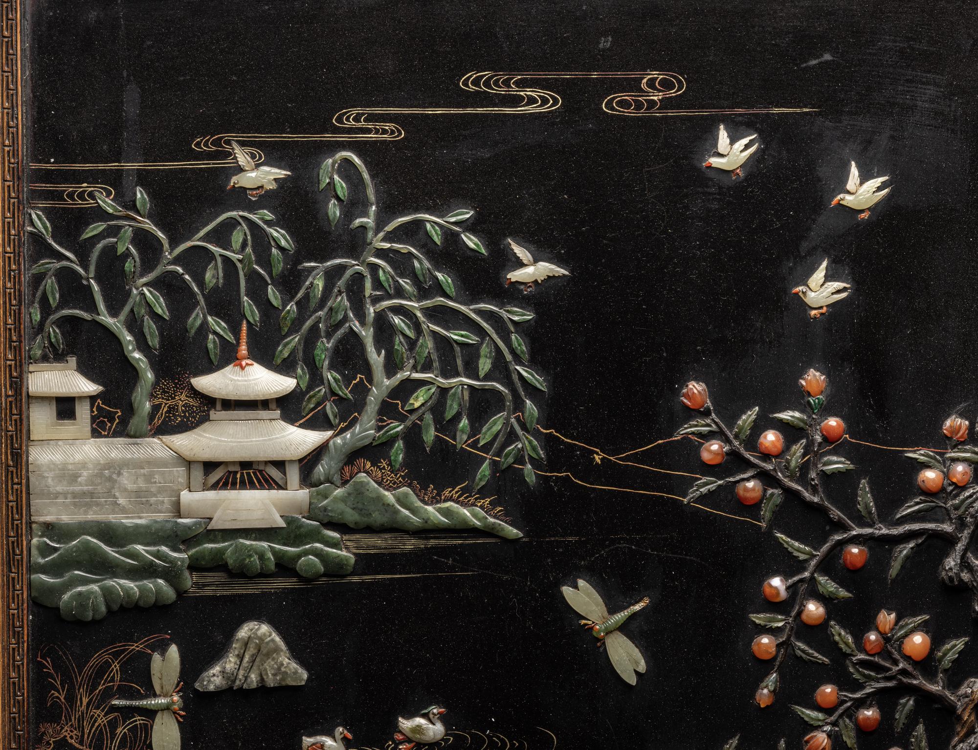 A Pair of Chinese Black Lacquered Hardstone Inset Rectangular Wall Panels