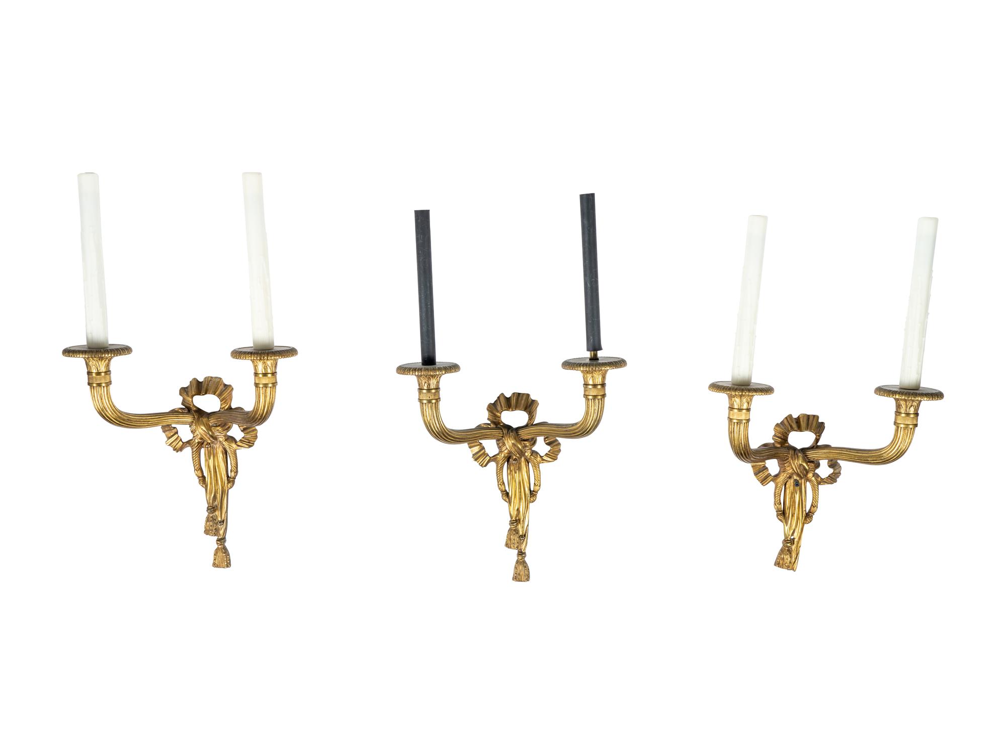 A Set of Six Neoclassical Style Gilt Bronze Two-Light Sconces