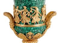A Pair of Empire Style Gilt Bronze Mounted Malachite Veneered Urns