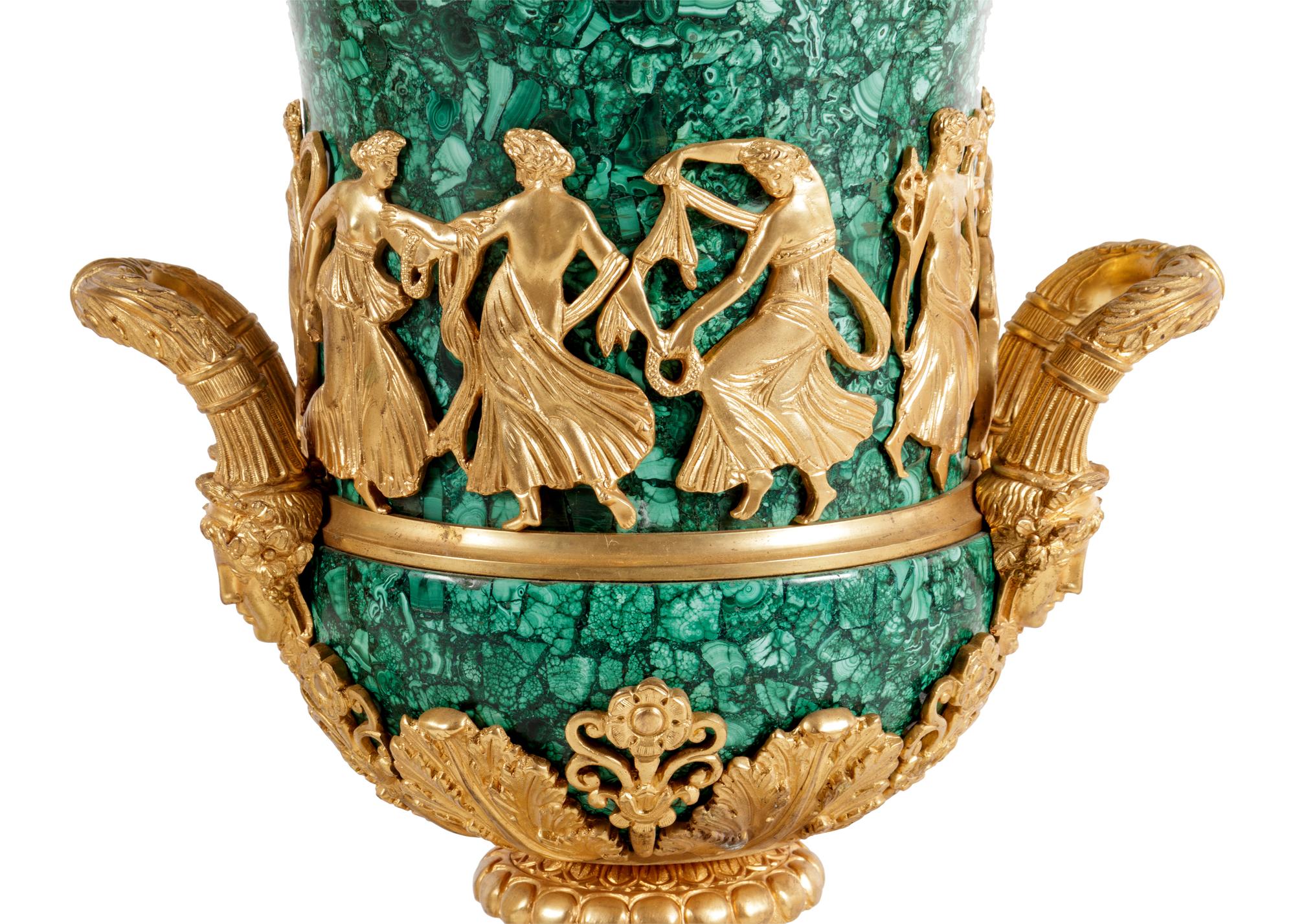 A Pair of Empire Style Gilt Bronze Mounted Malachite Veneered Urns