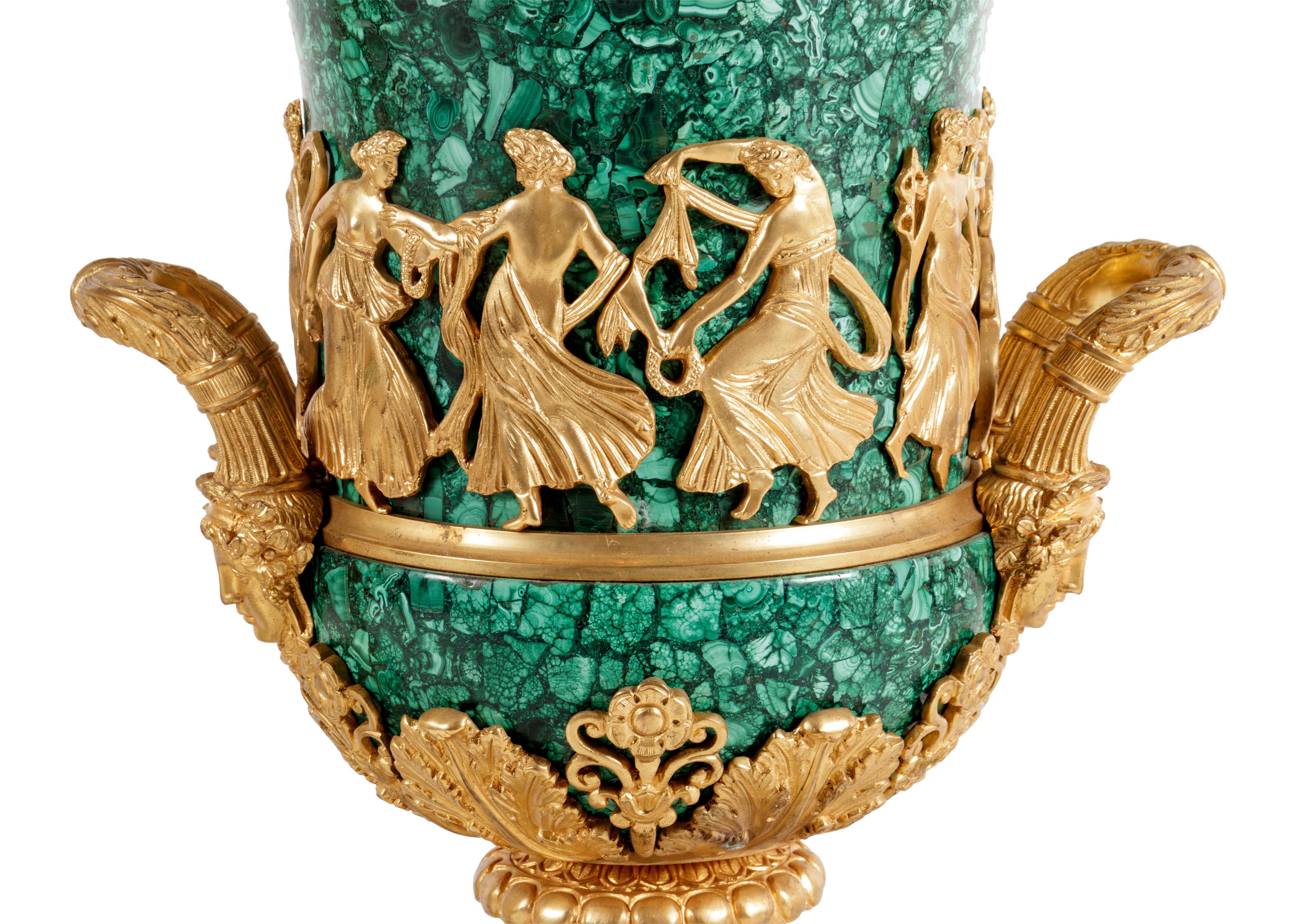 A Pair of Empire Style Gilt Bronze Mounted Malachite Veneered Urns