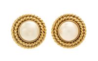 A Pair of 14 Karat Yellow Gold and Cultured Mabe Pearl Earclips, 18.00 dwts.