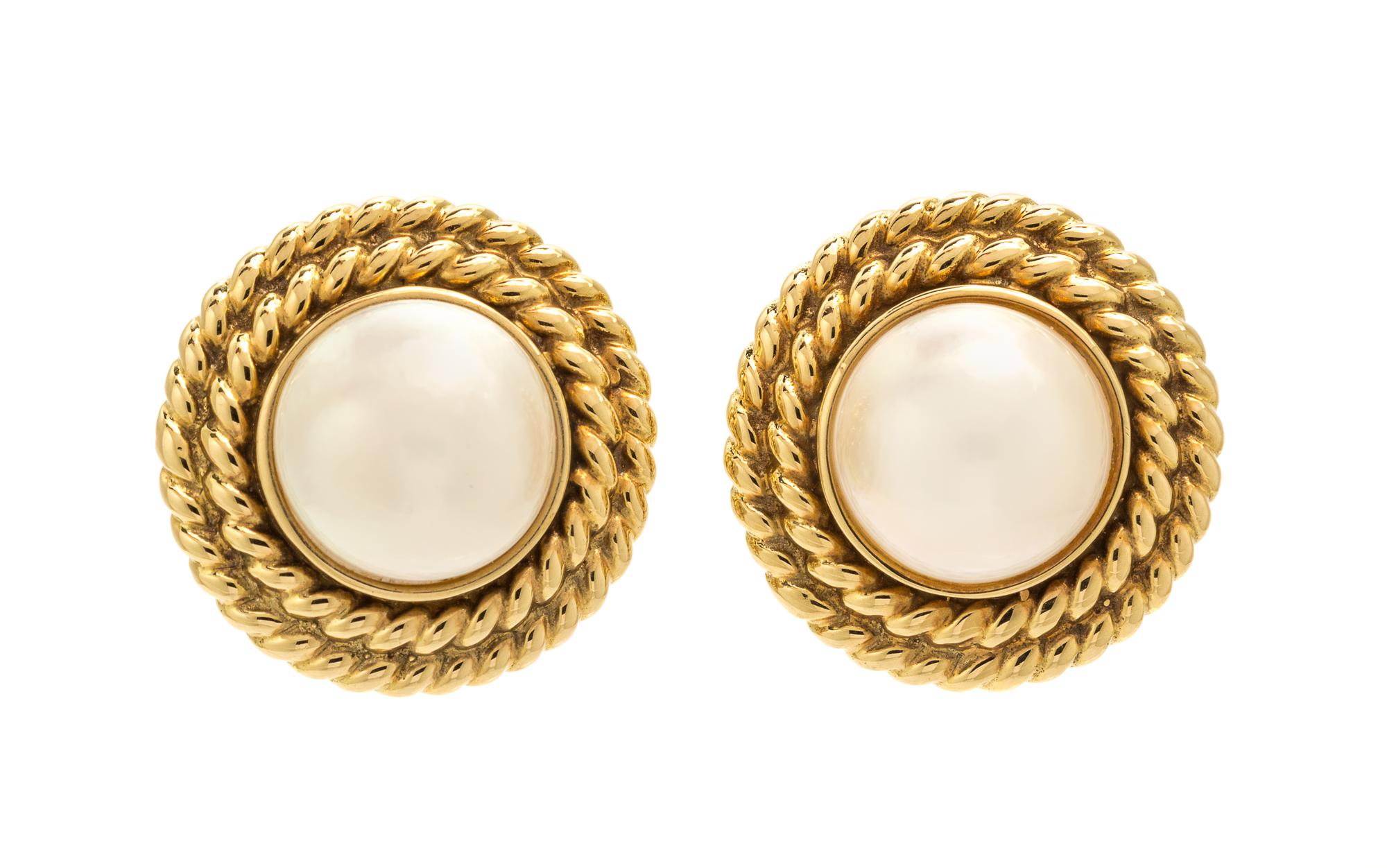 A Pair of 14 Karat Yellow Gold and Cultured Mabe Pearl Earclips, 18.00 dwts.