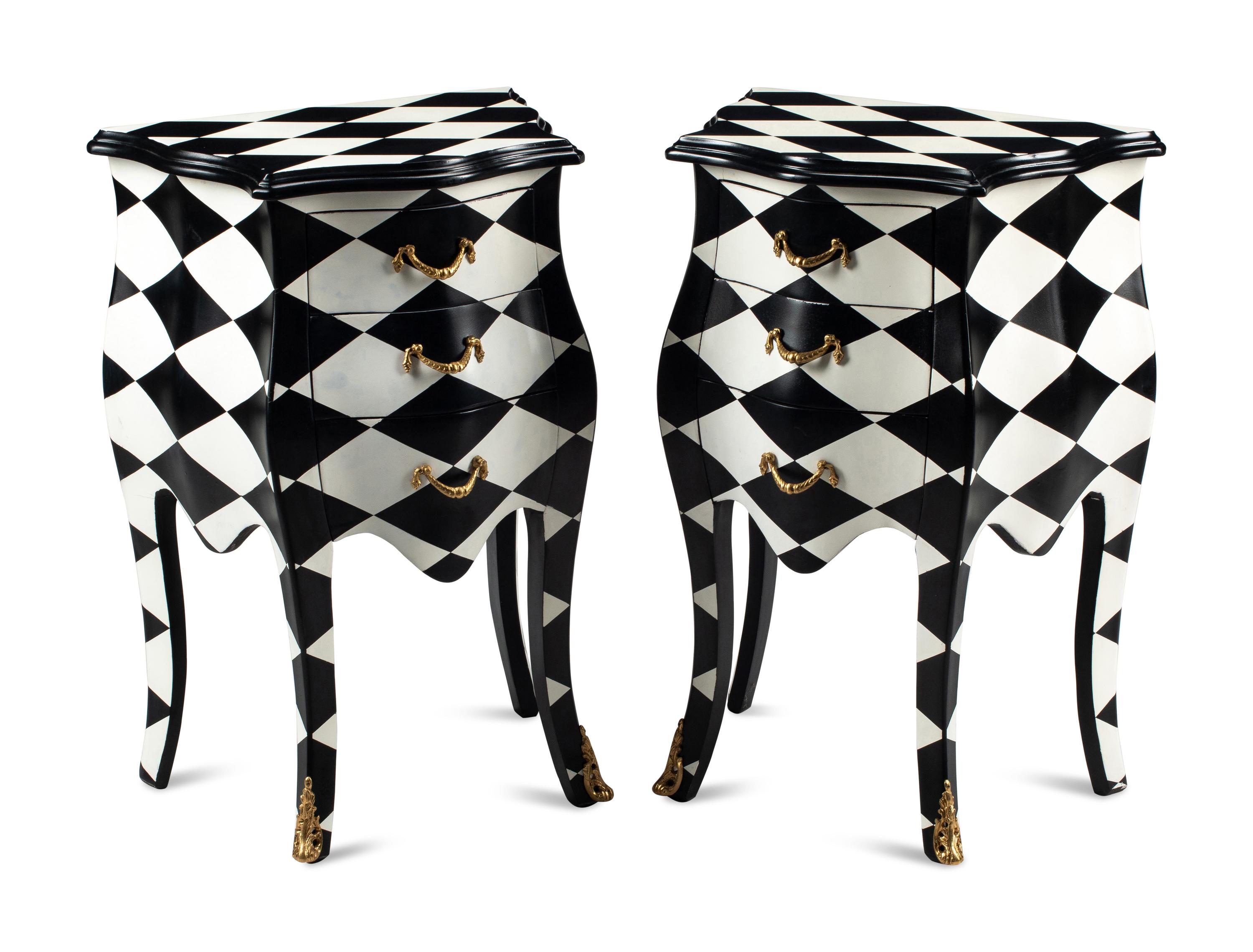 A Pair of Black and White Painted Small Commodes