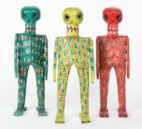 A Set of Three Painted and Articulated Mexican Calaca Figures Height 15 inches (each).