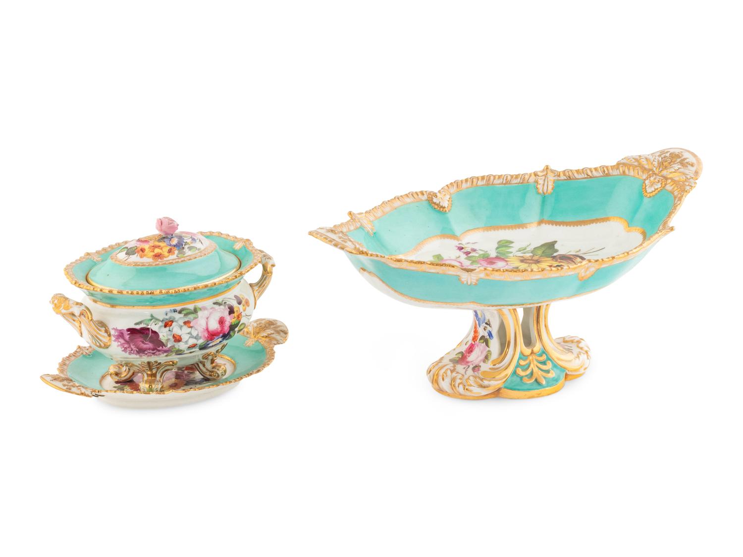 An English Porcelain Dessert Stand and Sauce Tureen