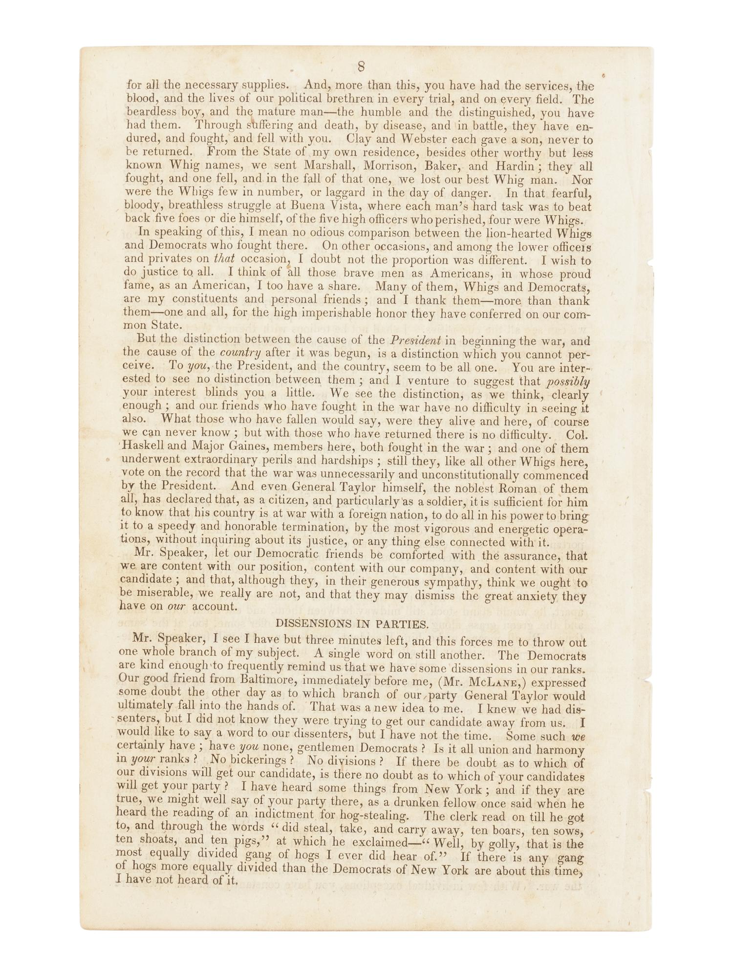 LINCOLN, Abraham (1809-1865). Speech of Mr. A. Lincoln, of Illinois, on the Presidential Question. Delivered in the House of Representatives of the United States, July 21, 1848 . Washington, D.C.: J & G.S. Gideon, [1848].