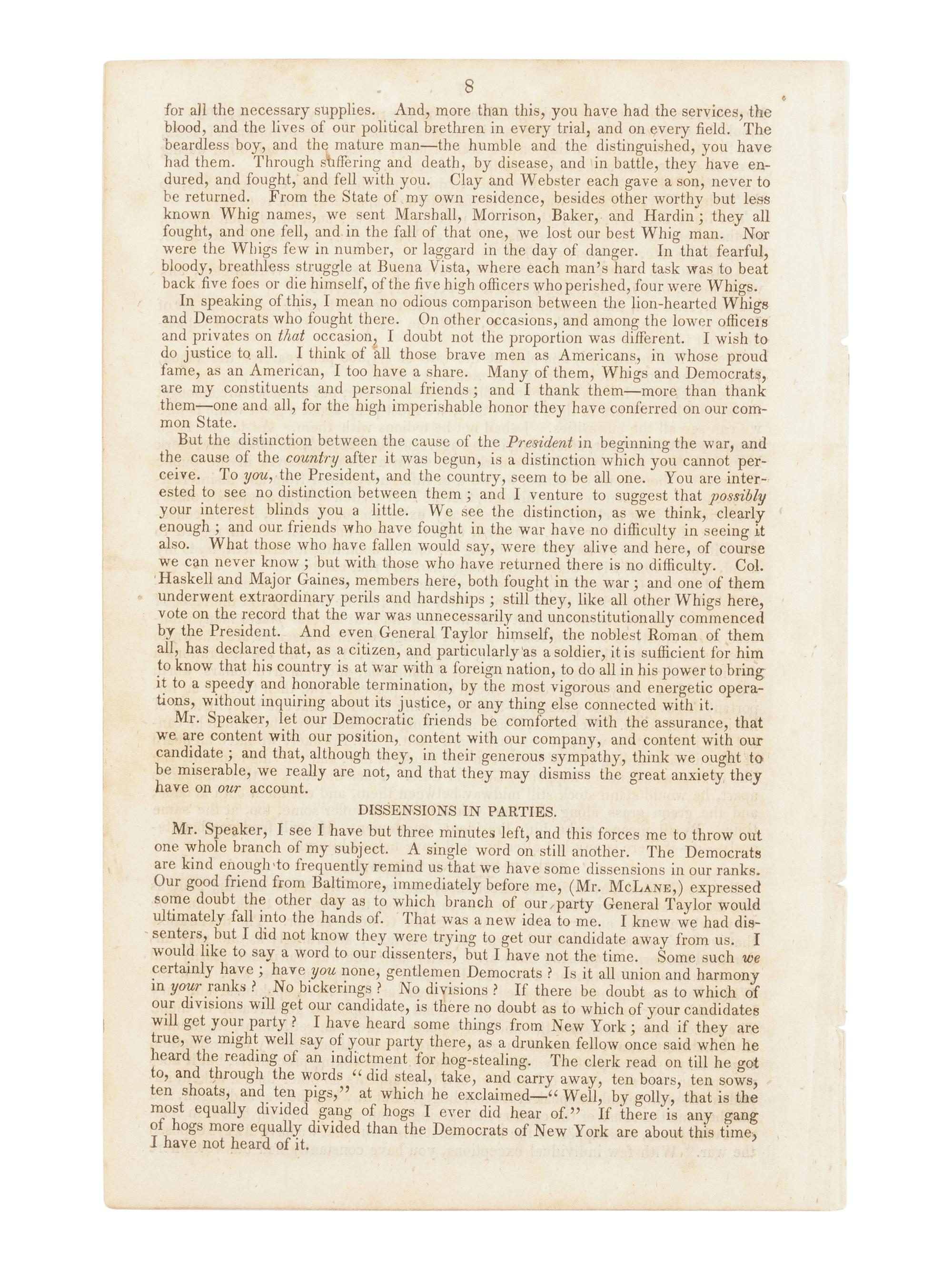LINCOLN, Abraham (1809-1865). Speech of Mr. A. Lincoln, of Illinois, on the Presidential Question. Delivered in the House of Representatives of the United States, July 21, 1848 . Washington, D.C.: J & G.S. Gideon, [1848].