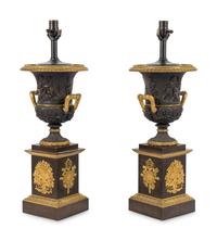 A Pair of Louis Phillippe Parcel-Gilt and Patinated Bronze Urns Mounted as Lamps