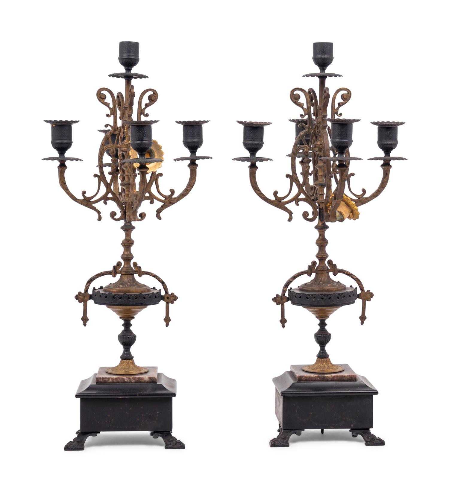 A Pair of French Cast Metal and Slate Five-Light Candelabra