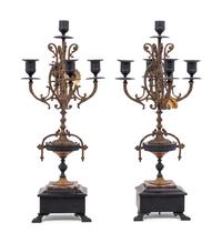 A Pair of French Cast Metal and Slate Five-Light Candelabra
