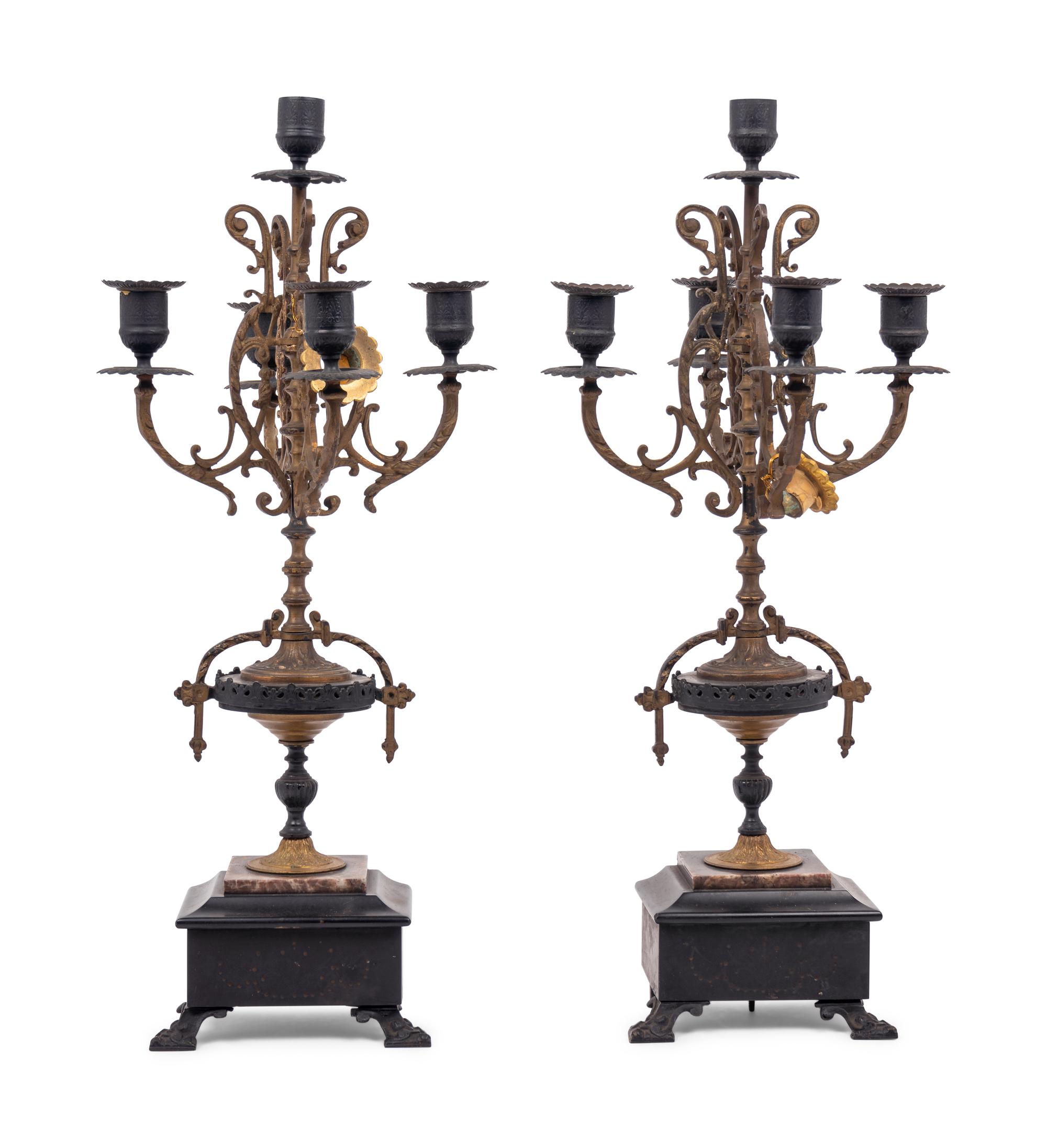 A Pair of French Cast Metal and Slate Five-Light Candelabra