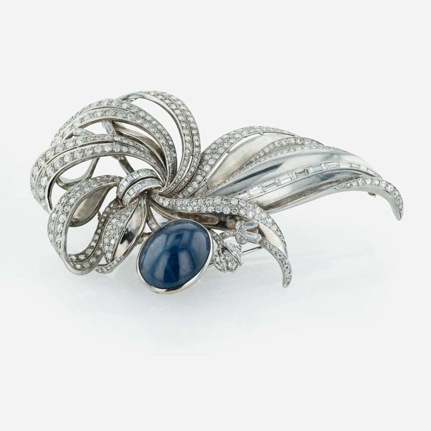 A Large Sapphire, Platinum, and Diamond Brooch