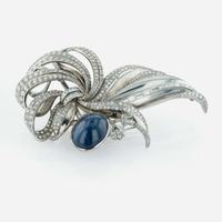 A Large Sapphire, Platinum, and Diamond Brooch