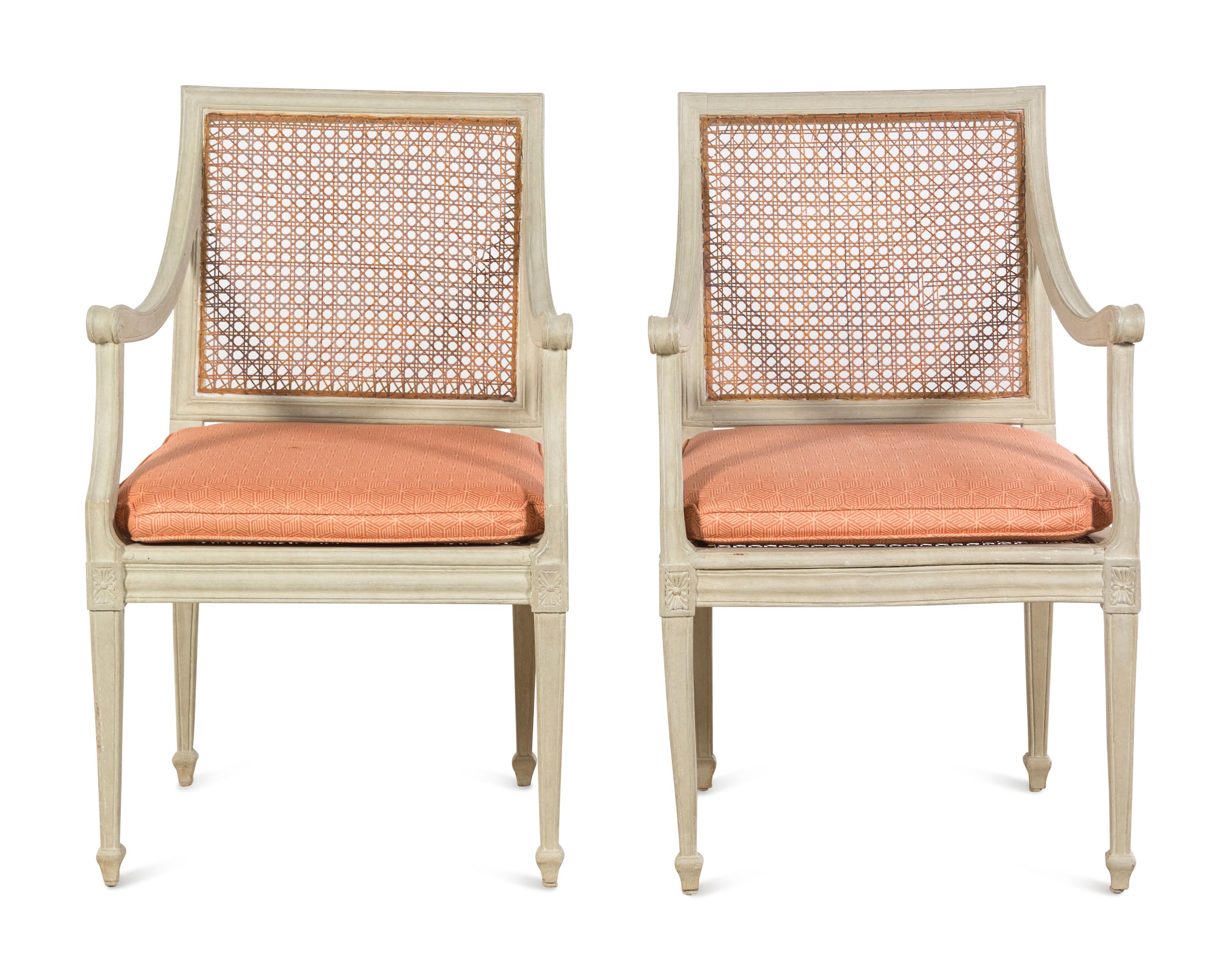 A Pair of Italian Painted and Caned Armchairs