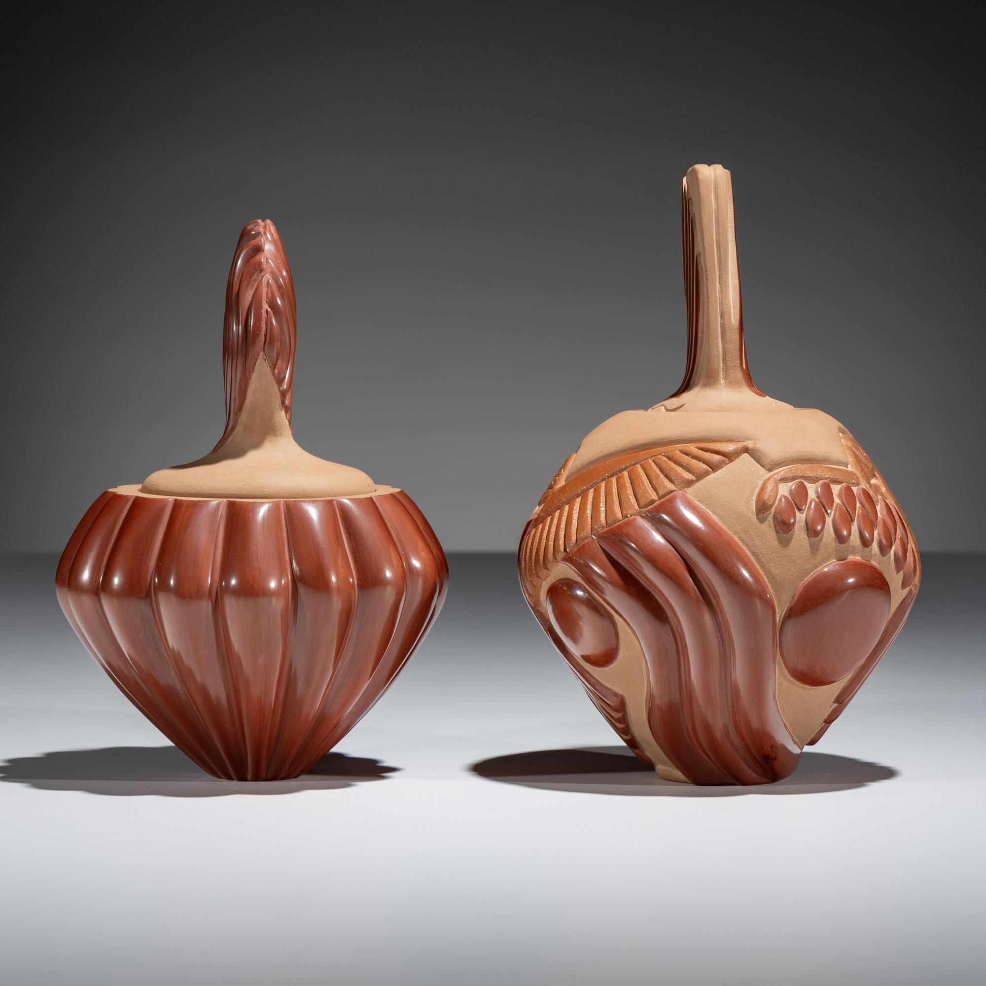 Carved Redware Pottery Vases