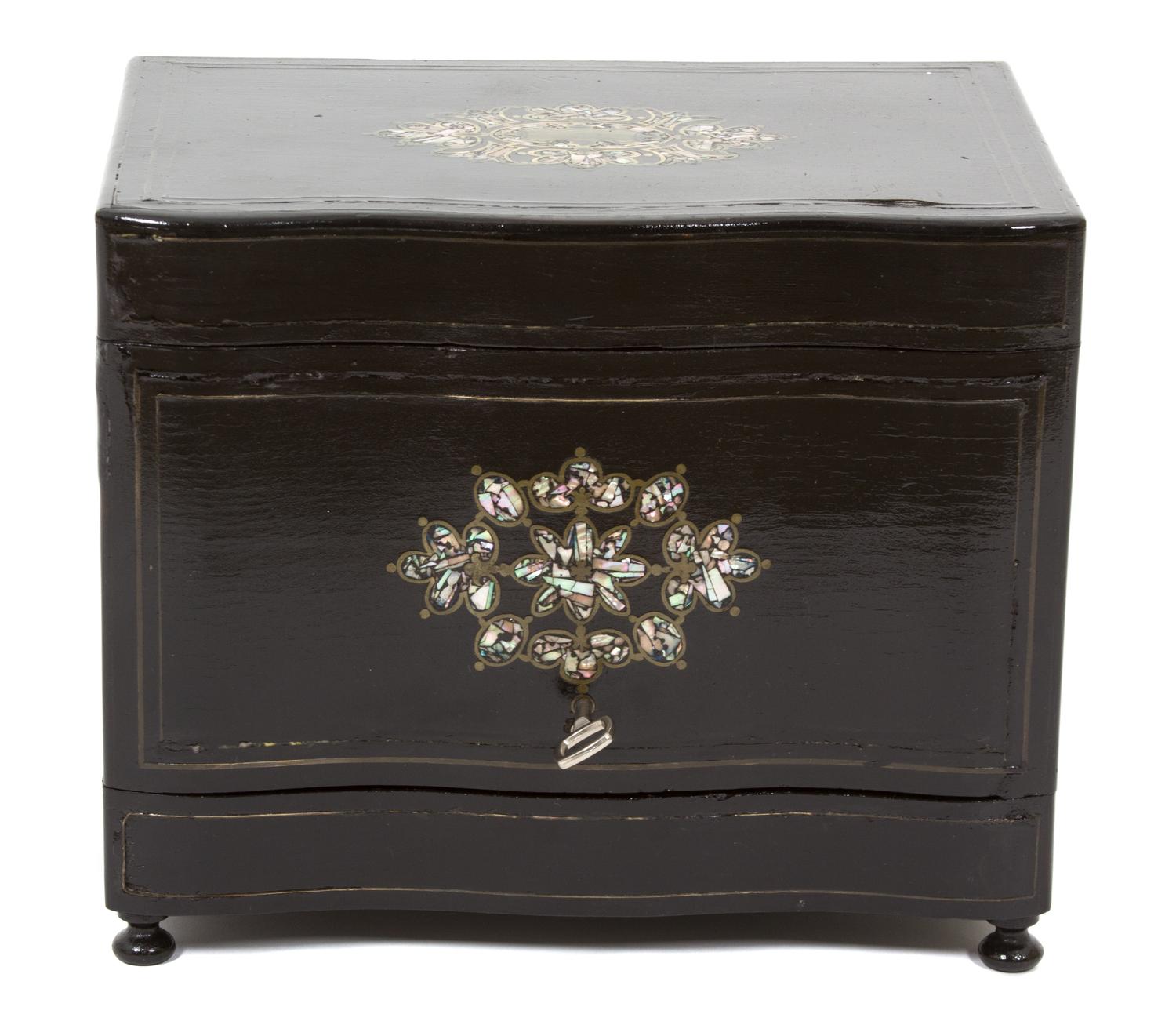 An English Lacquered Mother-of-Pearl Inlaid Tantalus Height 10 1/2 inches. — 19TH CENTURY