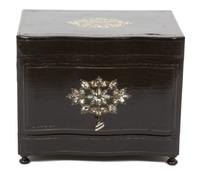 An English Lacquered Mother-of-Pearl Inlaid Tantalus Height 10 1/2 inches. — 19TH CENTURY