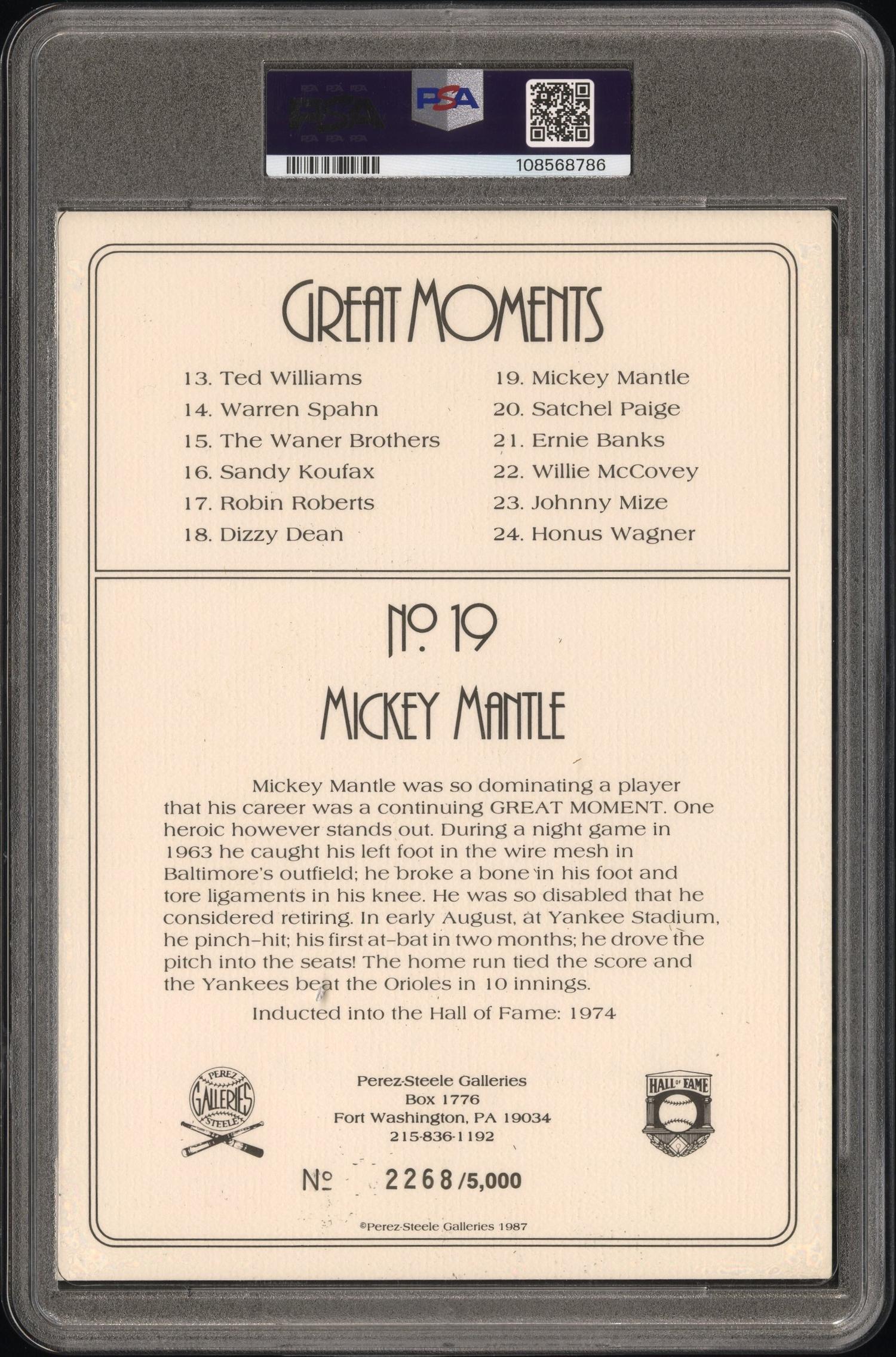 A Mickey Mantle Signed Autograph Perez Steele Great Moments Postcard (PSA 10 AUTO)