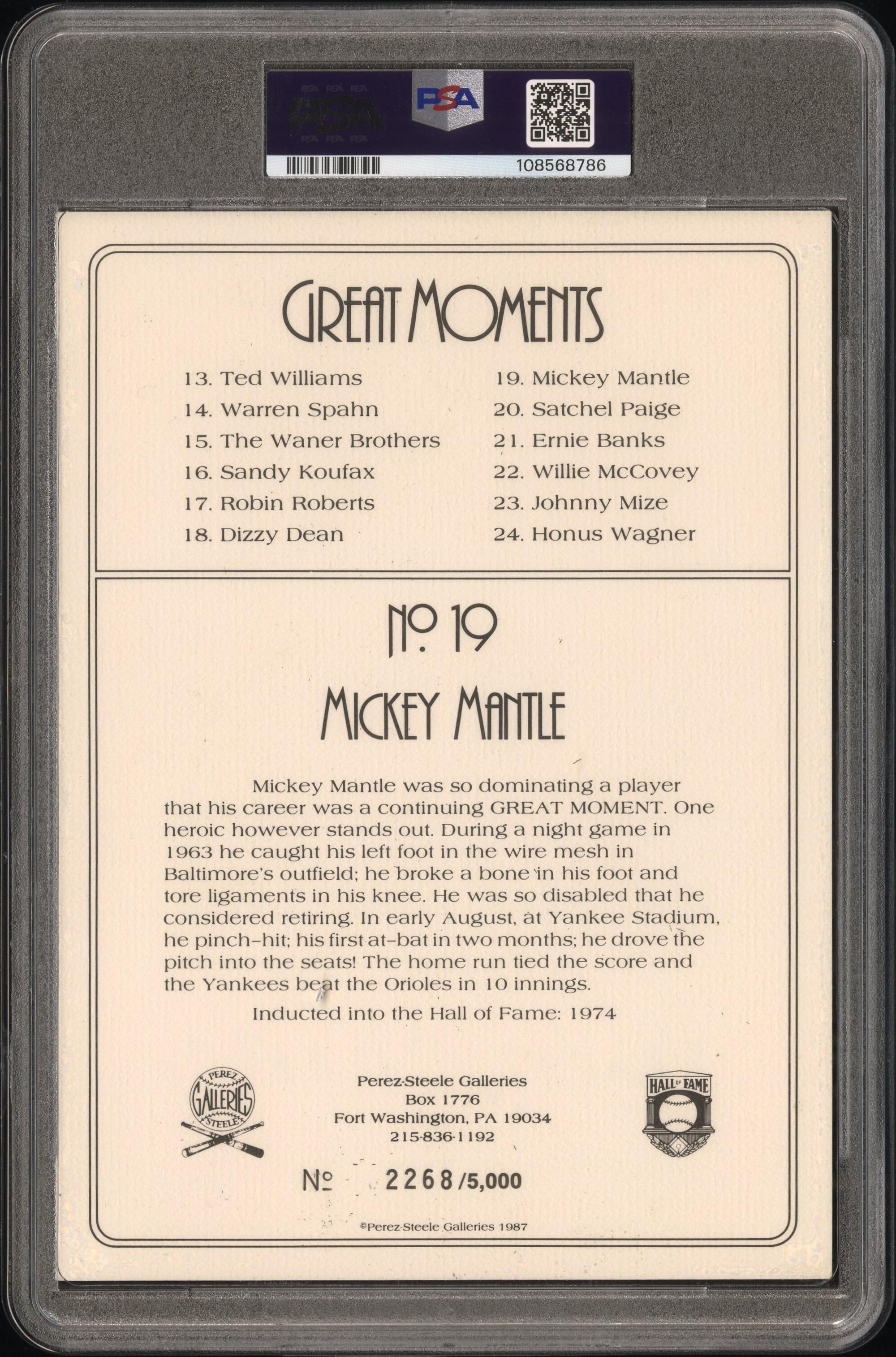 A Mickey Mantle Signed Autograph Perez Steele Great Moments Postcard (PSA 10 AUTO)
