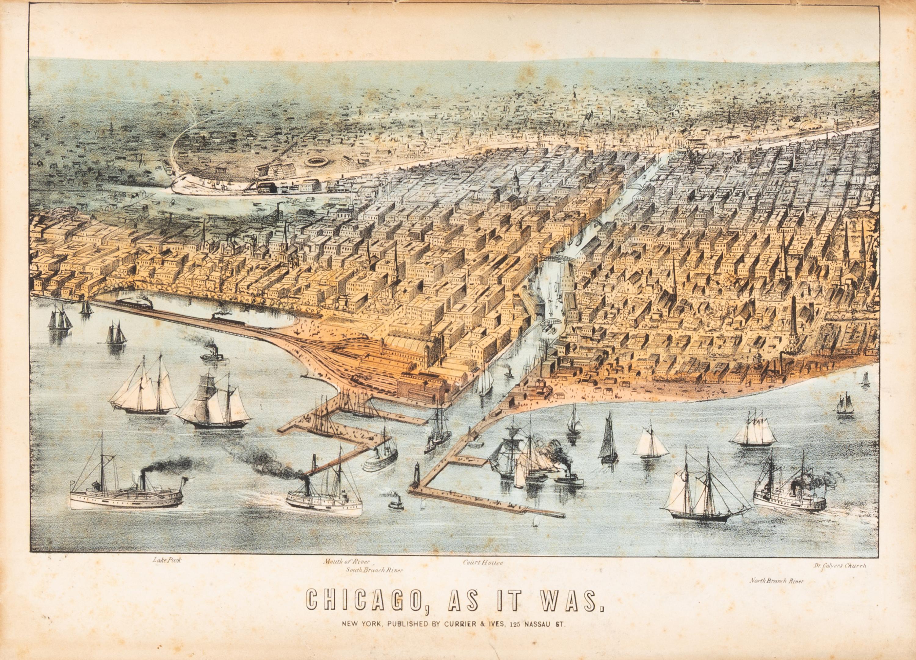 [Chicago Fire]. A group of 10 prints and 2 paintings, showing views of Chicago before and after the Great Fire, including: