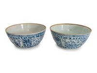A Pair of Large Chinese Export Blue and White Porcelain Covered Bowls