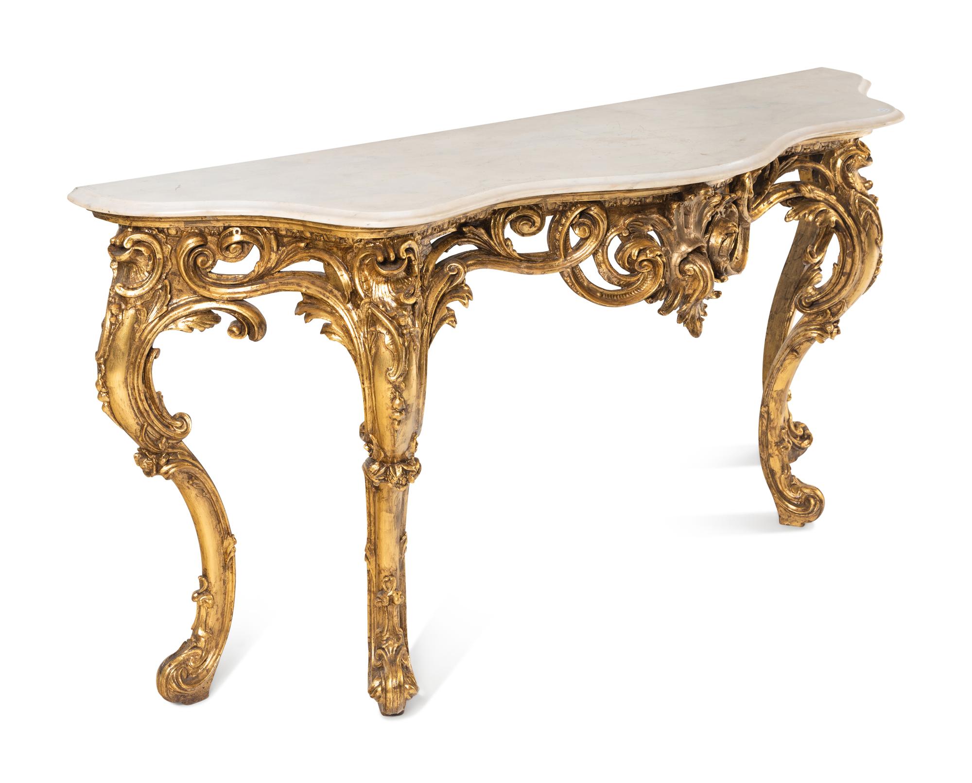 A Louis XV Style Giltwood Marble-Top Console Table