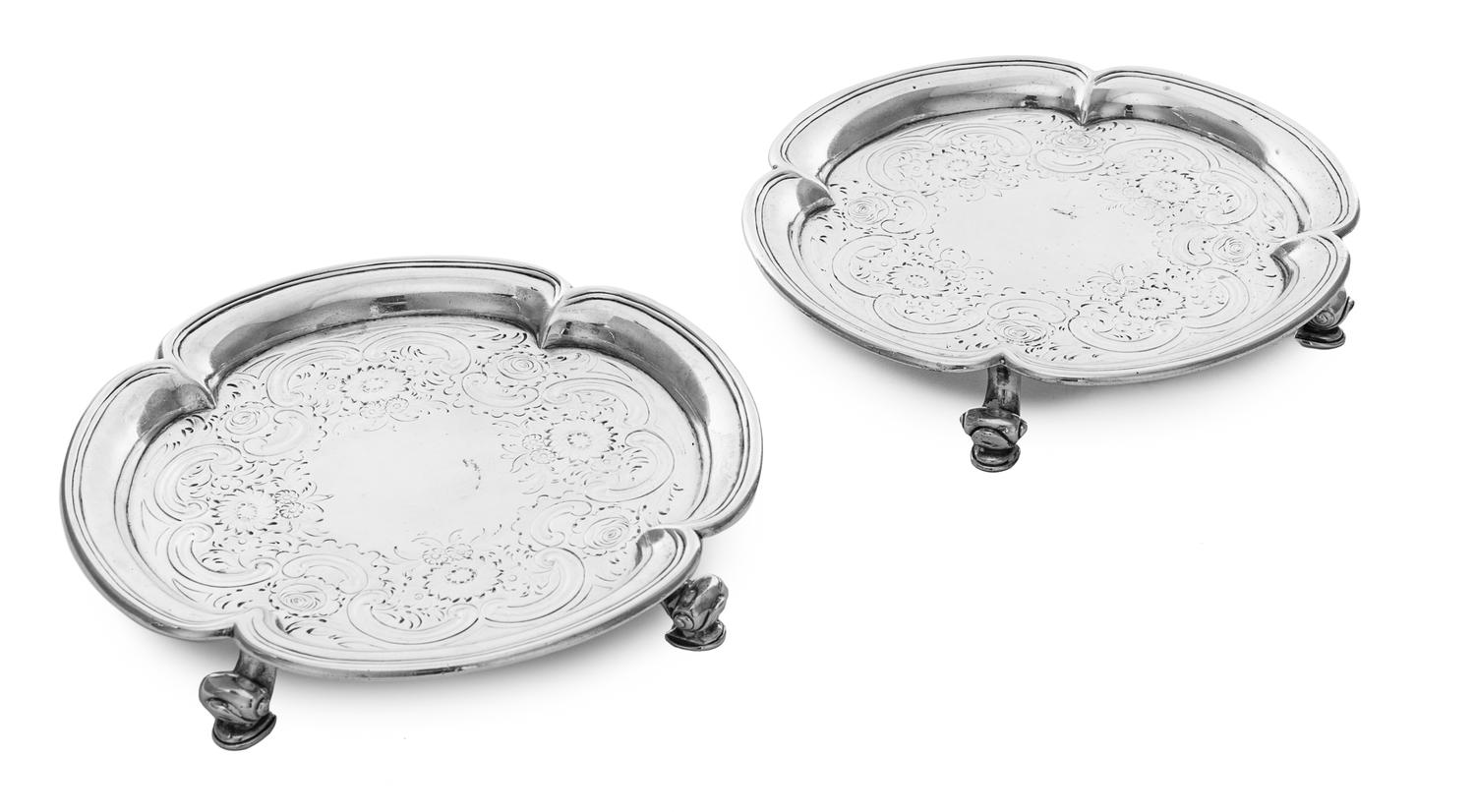A Pair of Irish George II Silver Waiters, Erasmus Cope, Dublin, 1736, of quatrefoil form, chased throughout with scrolls and flowers, r