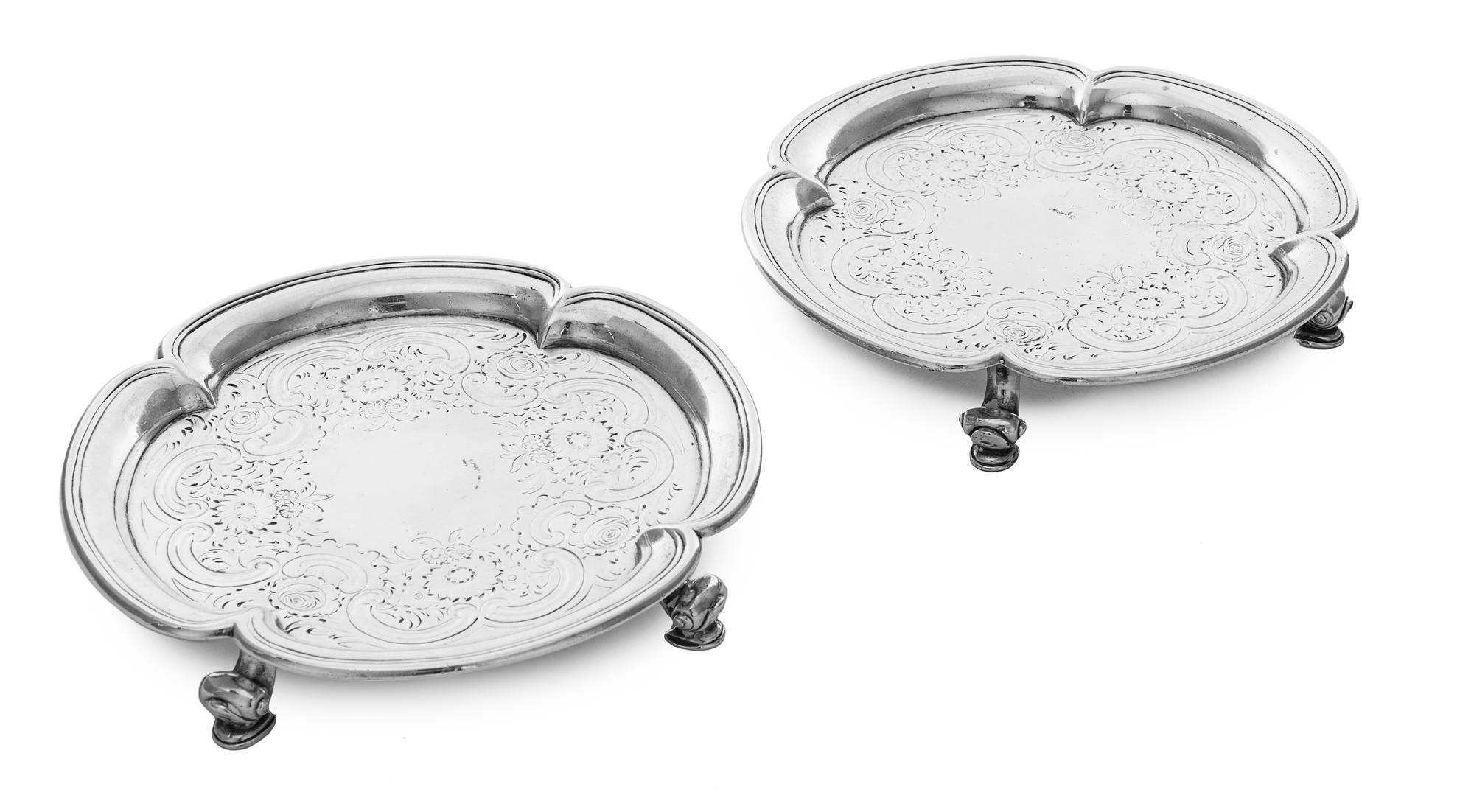 A Pair of Irish George II Silver Waiters, Erasmus Cope, Dublin, 1736, of quatrefoil form, chased throughout with scrolls and flowers, r