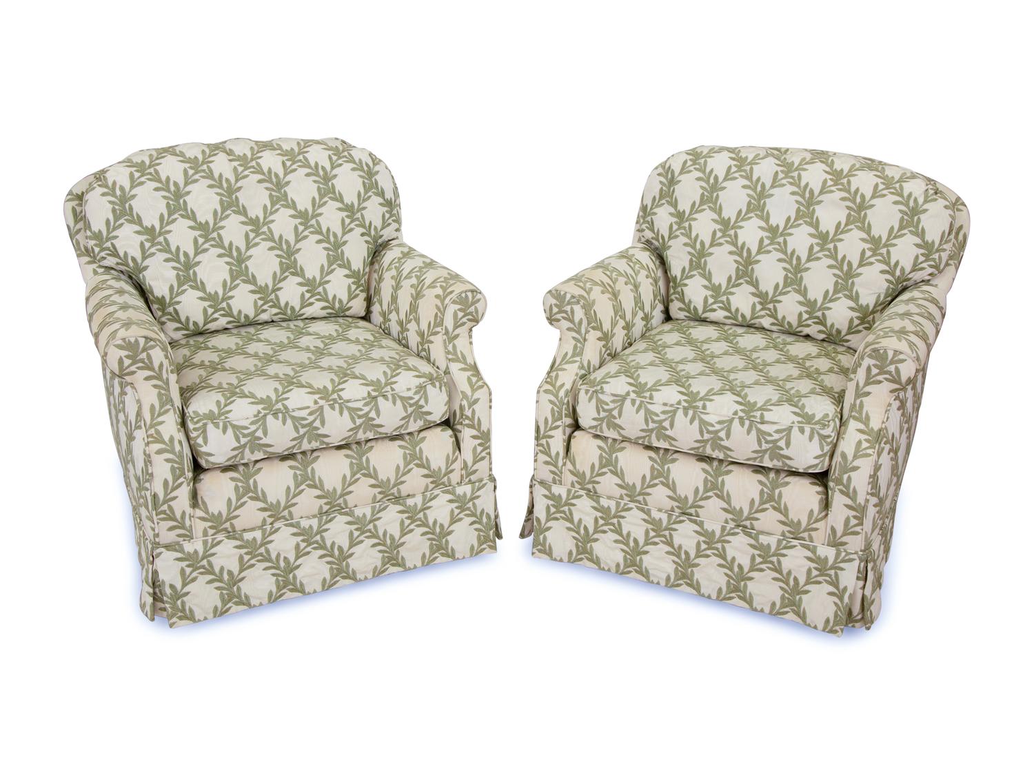 A Pair of French Embroidered Silk Upholstered Club Chairs