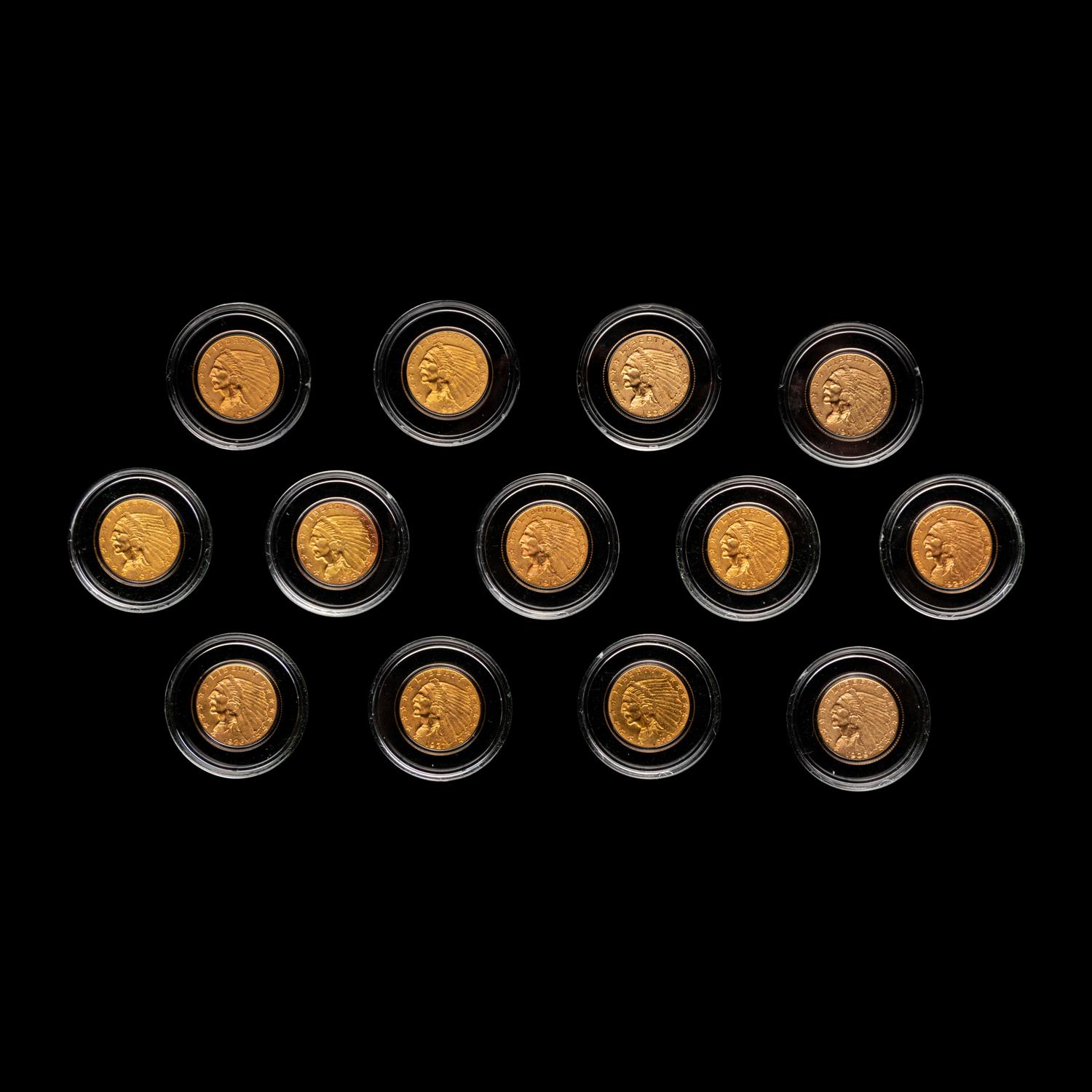 A Set of Thirteen Indian Head $2.50 Gold Coins