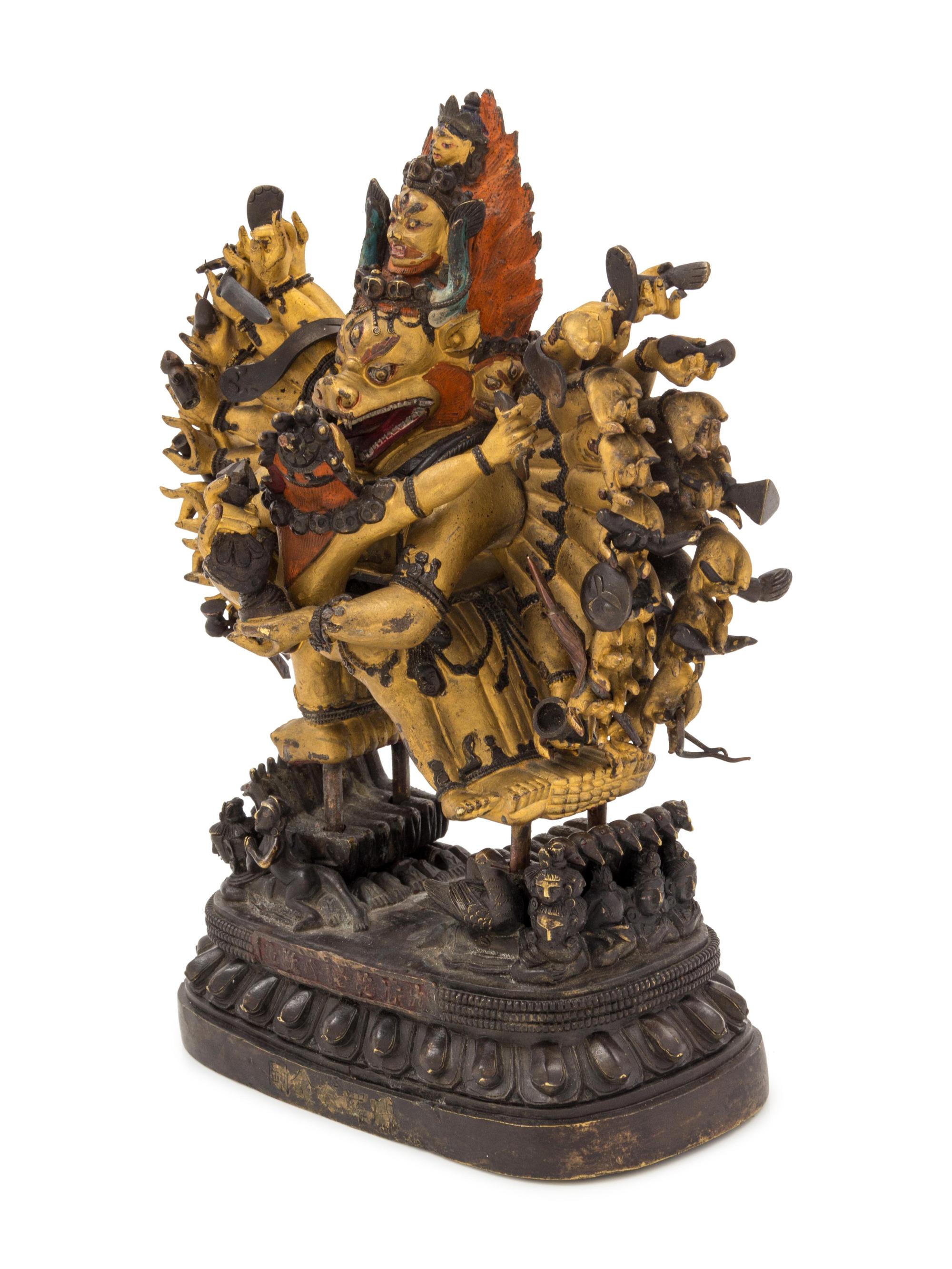 A Sino-Tibetan Red Lacquered Gilt Bronze Figure of Yamantaka