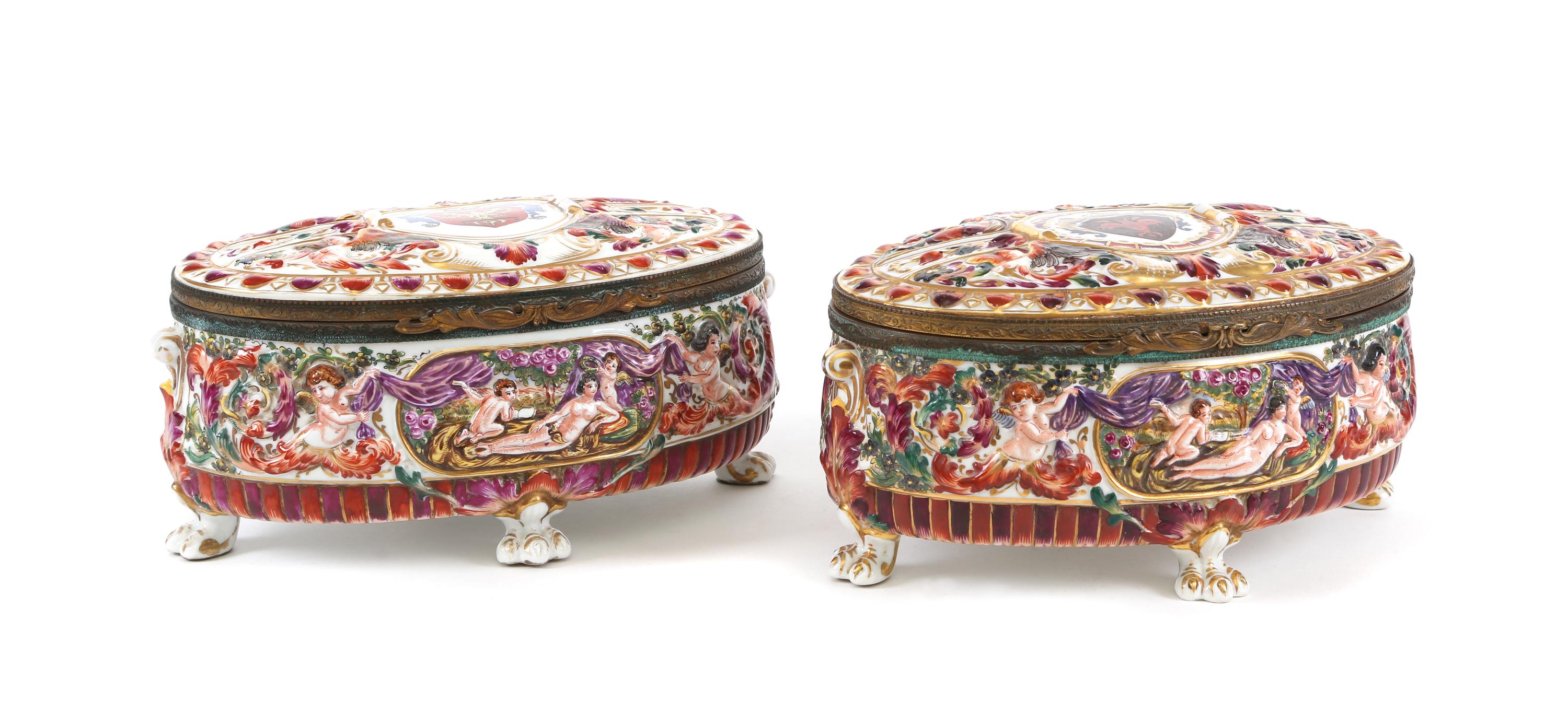 A Pair of Capo-di-Monte Porcelain Oval Boxes Length 10 inches. — 19TH CENTURY