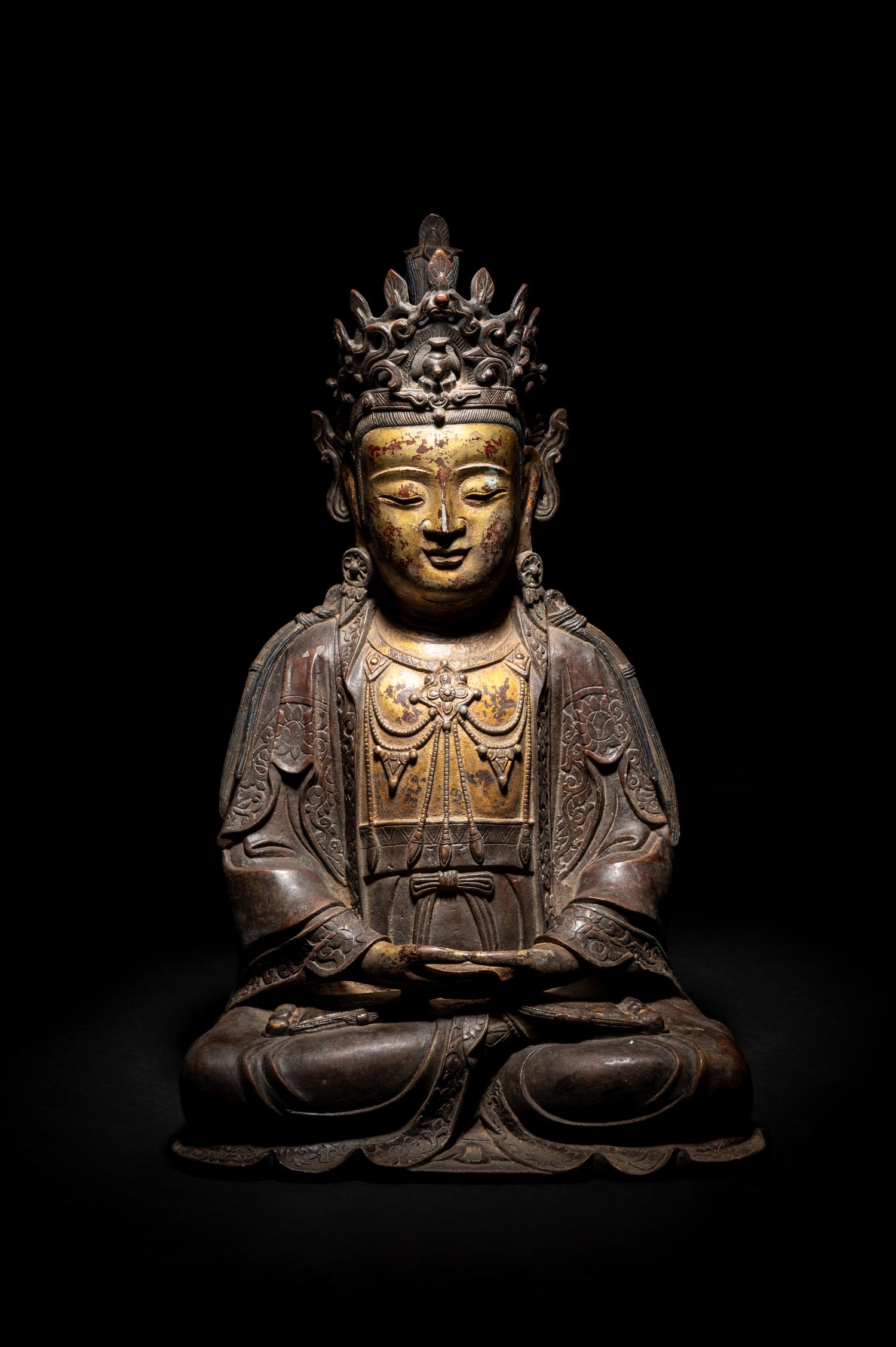 A Chinese Partial Gilt Bronze Figure of Guanyin