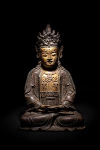 A Chinese Partial Gilt Bronze Figure of Guanyin