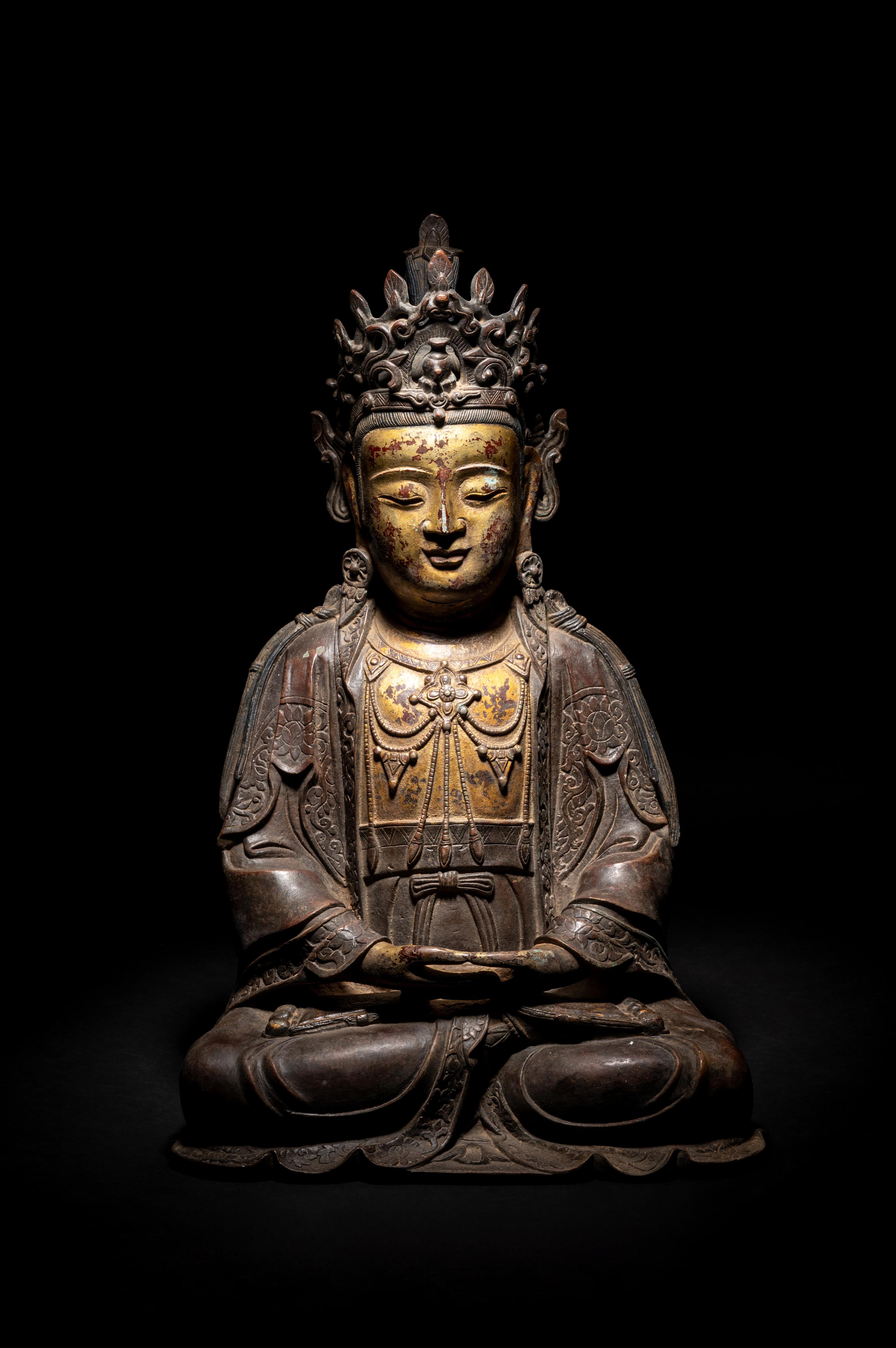 A Chinese Partial Gilt Bronze Figure of Guanyin