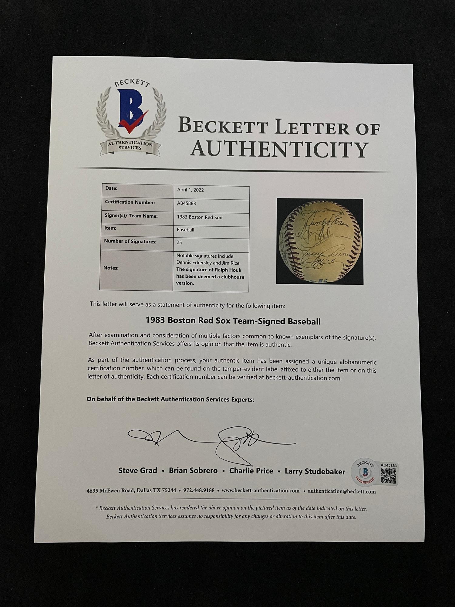 A 1983 Boston Red Sox Team Signed Autograph Baseball with 25 Signatures (Beckett Authentication Services Letter BAS Certified),