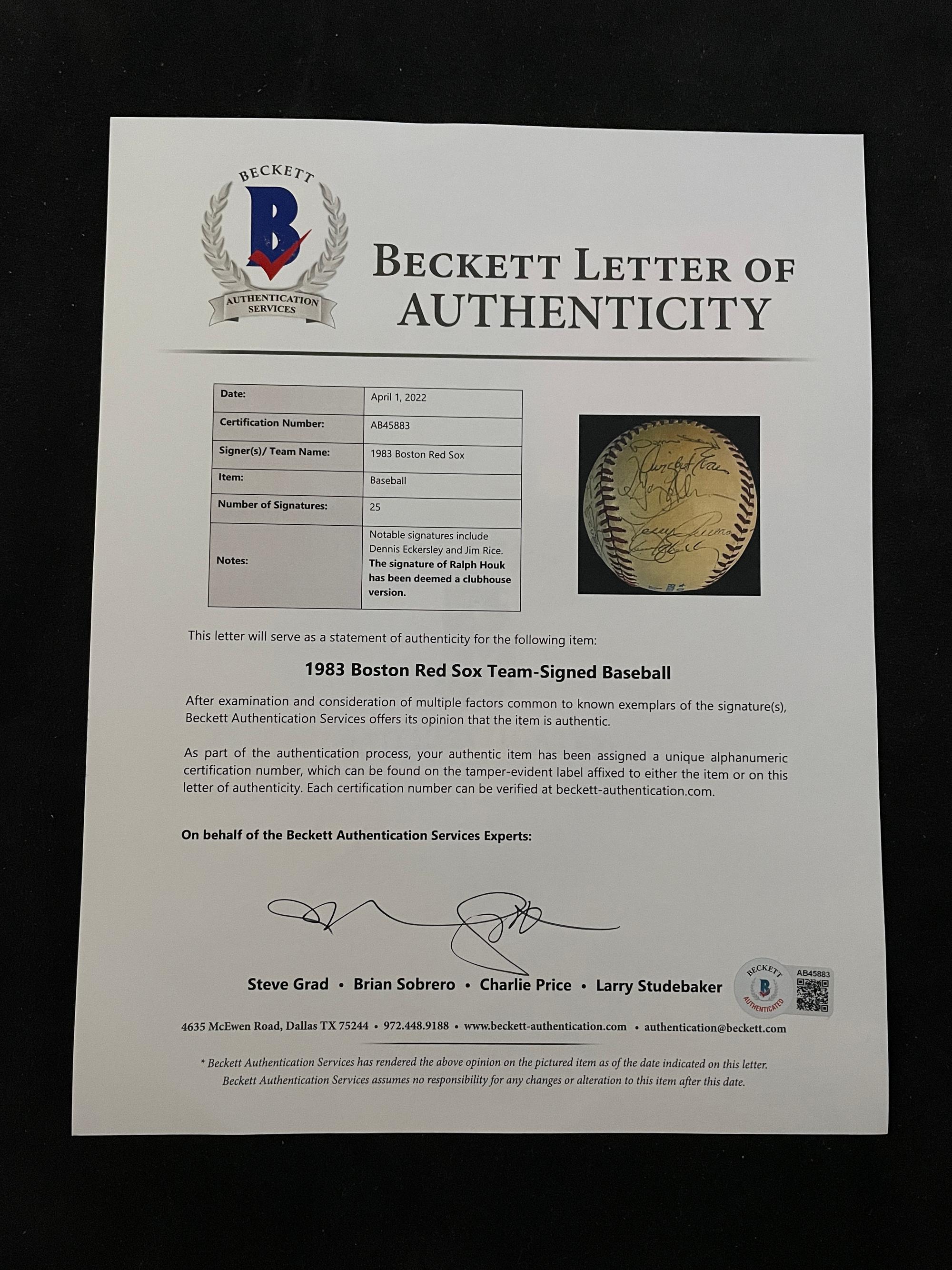 A 1983 Boston Red Sox Team Signed Autograph Baseball with 25 Signatures (Beckett Authentication Services Letter BAS Certified),