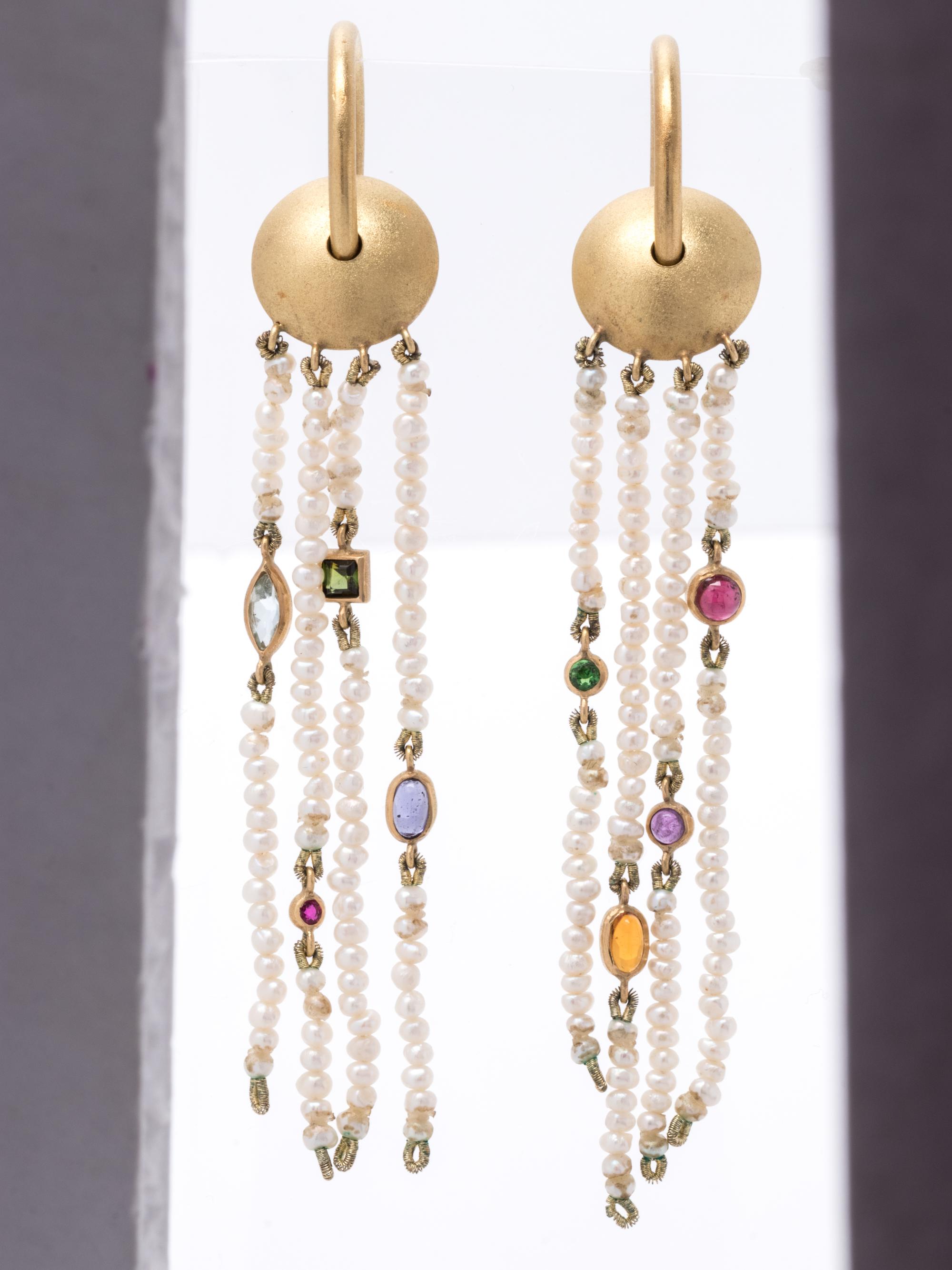 YELLOW GOLD, MULTIGEM AND SEED PEARL EARRINGS