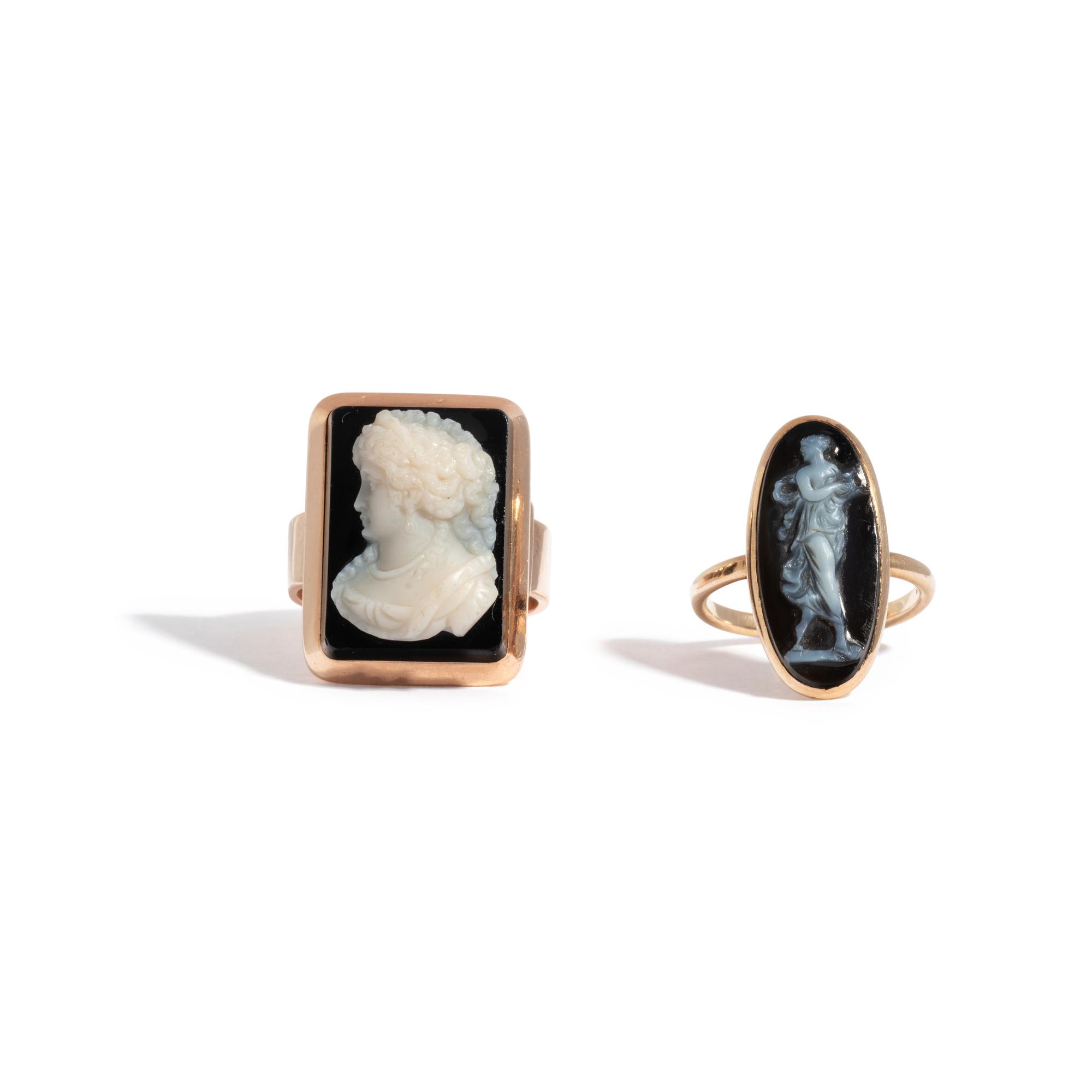 ANTIQUE, COLLECTION OF ROSE GOLD AND ONYX CAMEO RINGS